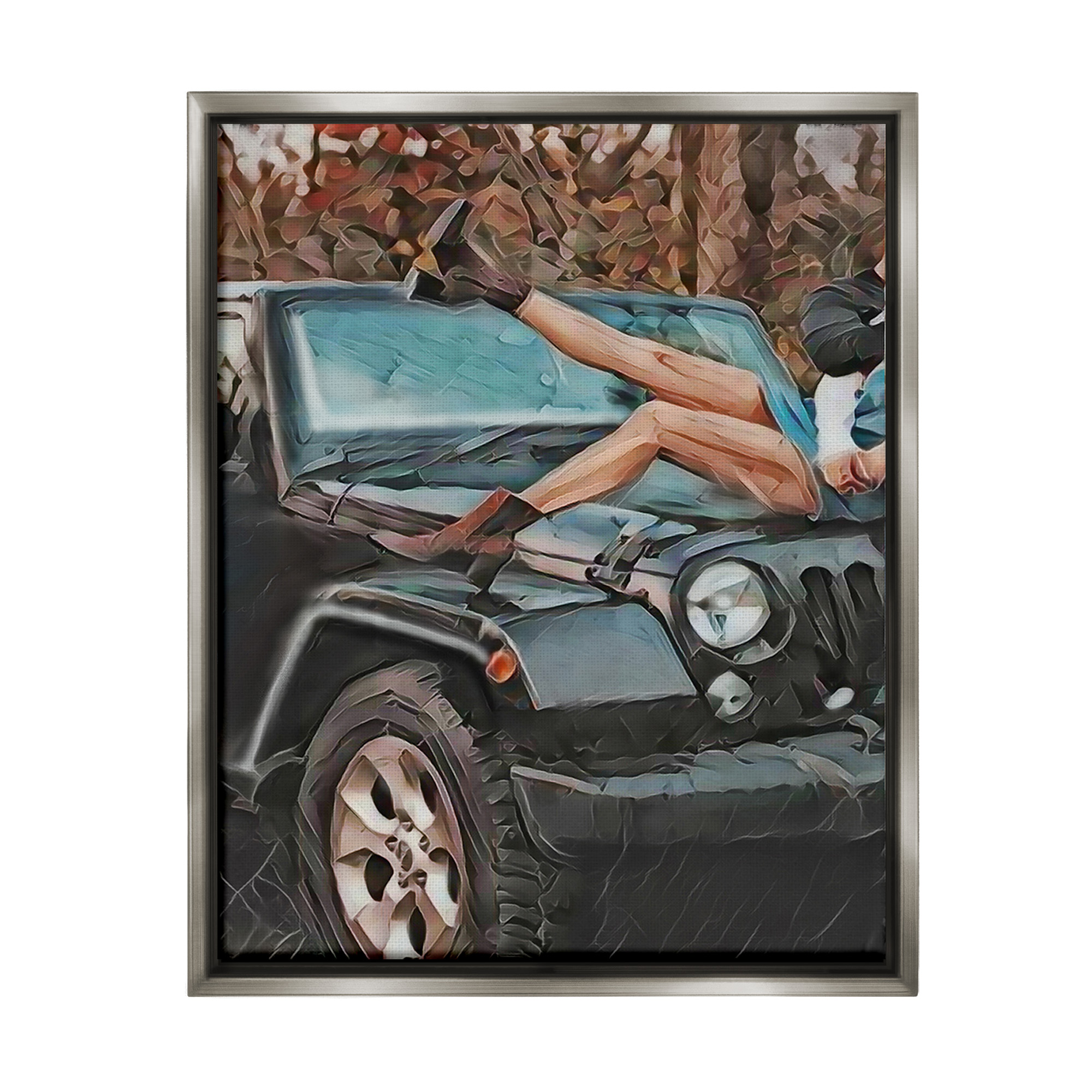 Stupell Industries Cowgirl on Car Hood Transportation Painting Gray Floater Framed Canvas Art Print Wall Art, 25 x 31