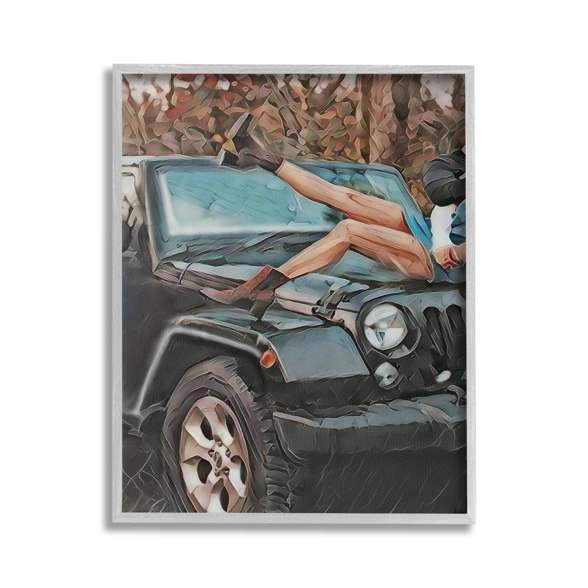 Stupell Industries Cowgirl on Car Hood Transportation Painting Gray Framed Art Print Wall Art, 16 x 20