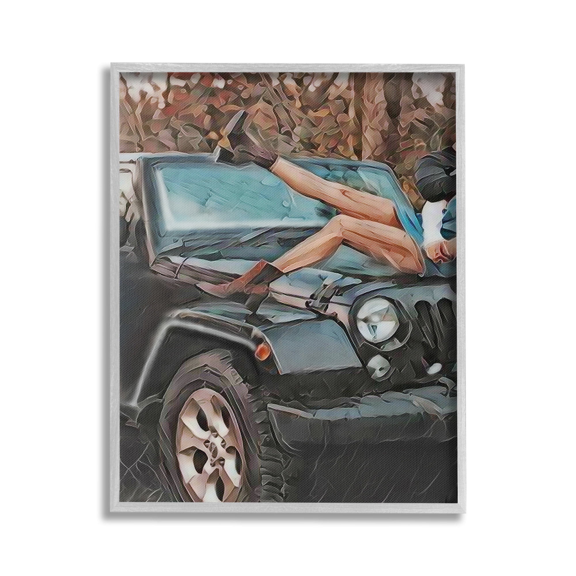Stupell Industries Cowgirl on Car Hood Transportation Painting Gray Framed Art Print Wall Art, 24 x 30