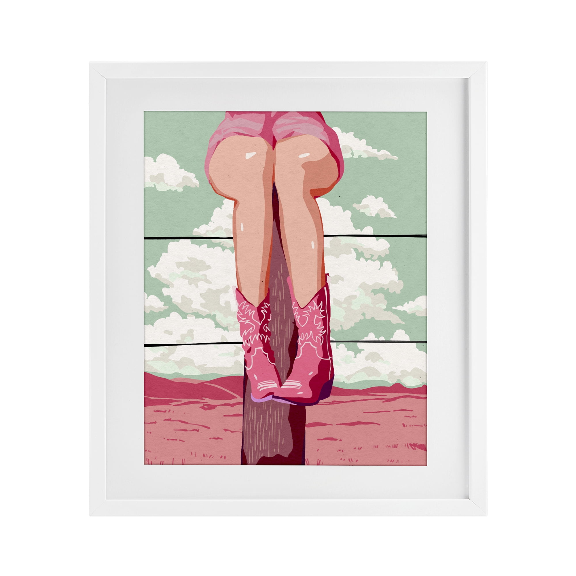 Stupell Industries Cowgirl on Fence Post White Framed Print Under Glass, design by Ziwei Li