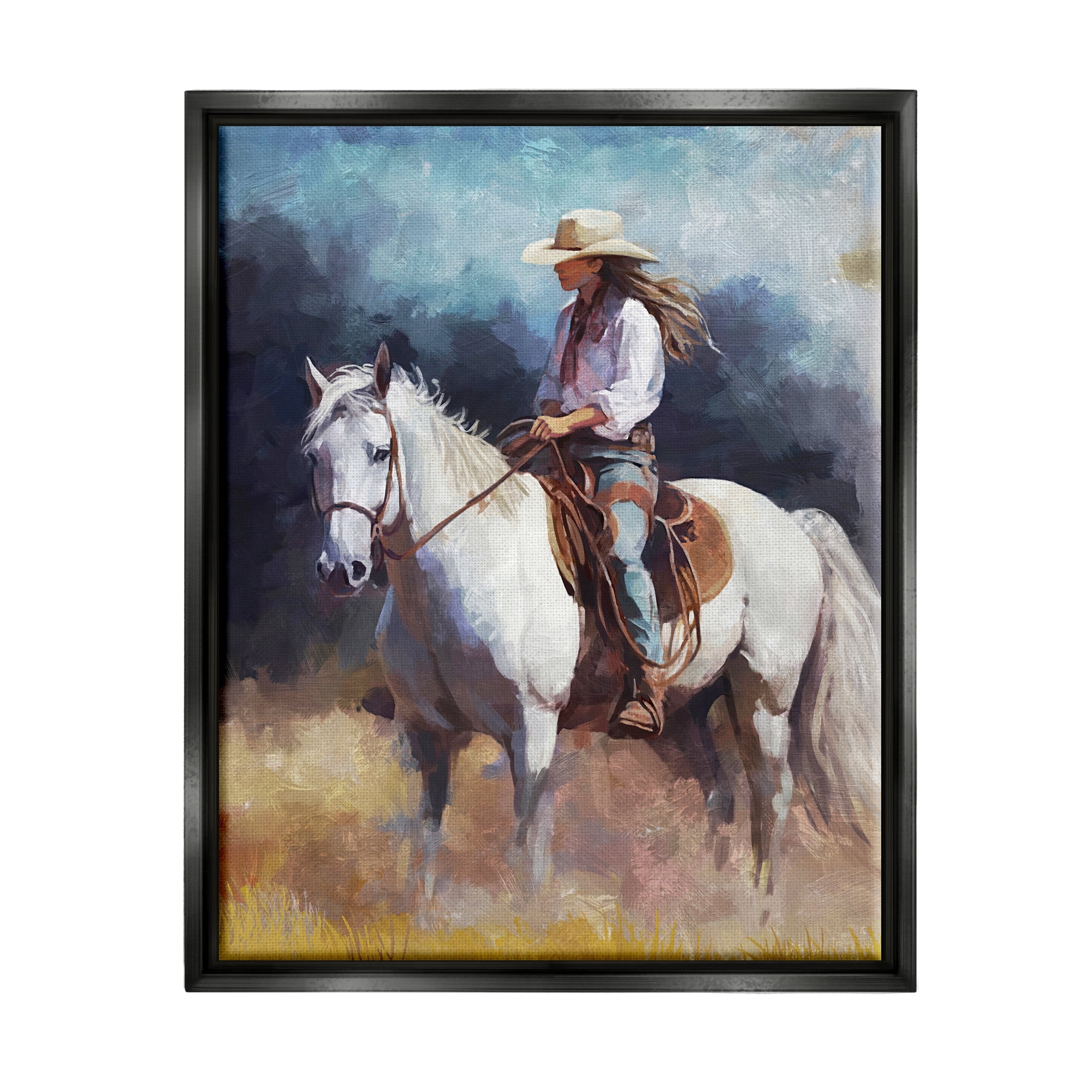 Stupell Industries Cowgirl on White Stallion Animals & Insects Painting Black Floater Framed Canvas Art Print Wall Art, 25 x 31