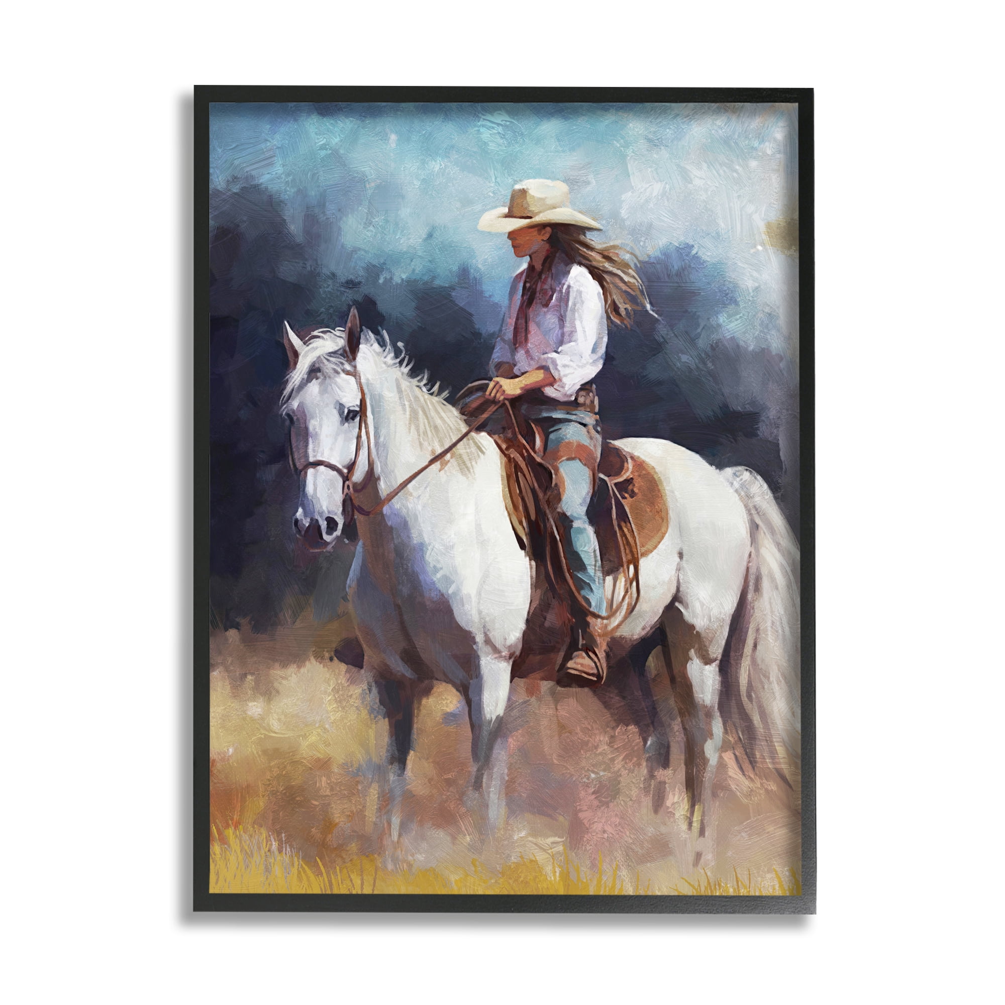 Stupell Industries Cowgirl on White Stallion Animals & Insects Painting Black Framed Art Print Wall Art, 24 x 30