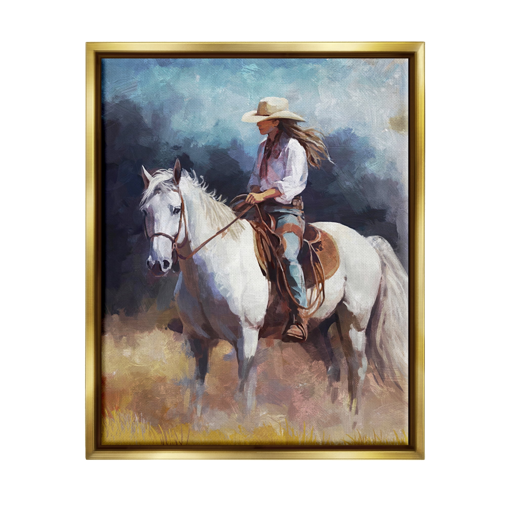 Stupell Industries Cowgirl on White Stallion Animals & Insects Painting Gold Floater Framed Canvas Art Print Wall Art, 25 x 31