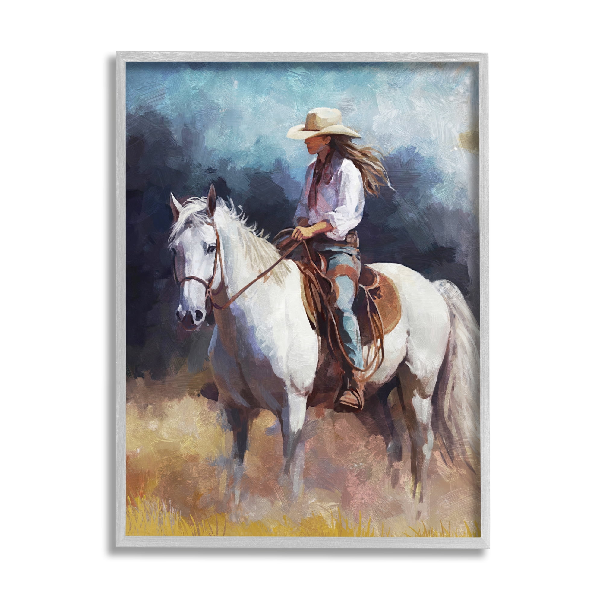 Stupell Industries Cowgirl on White Stallion Animals & Insects Painting Gray Framed Art Print Wall Art, 16 x 20