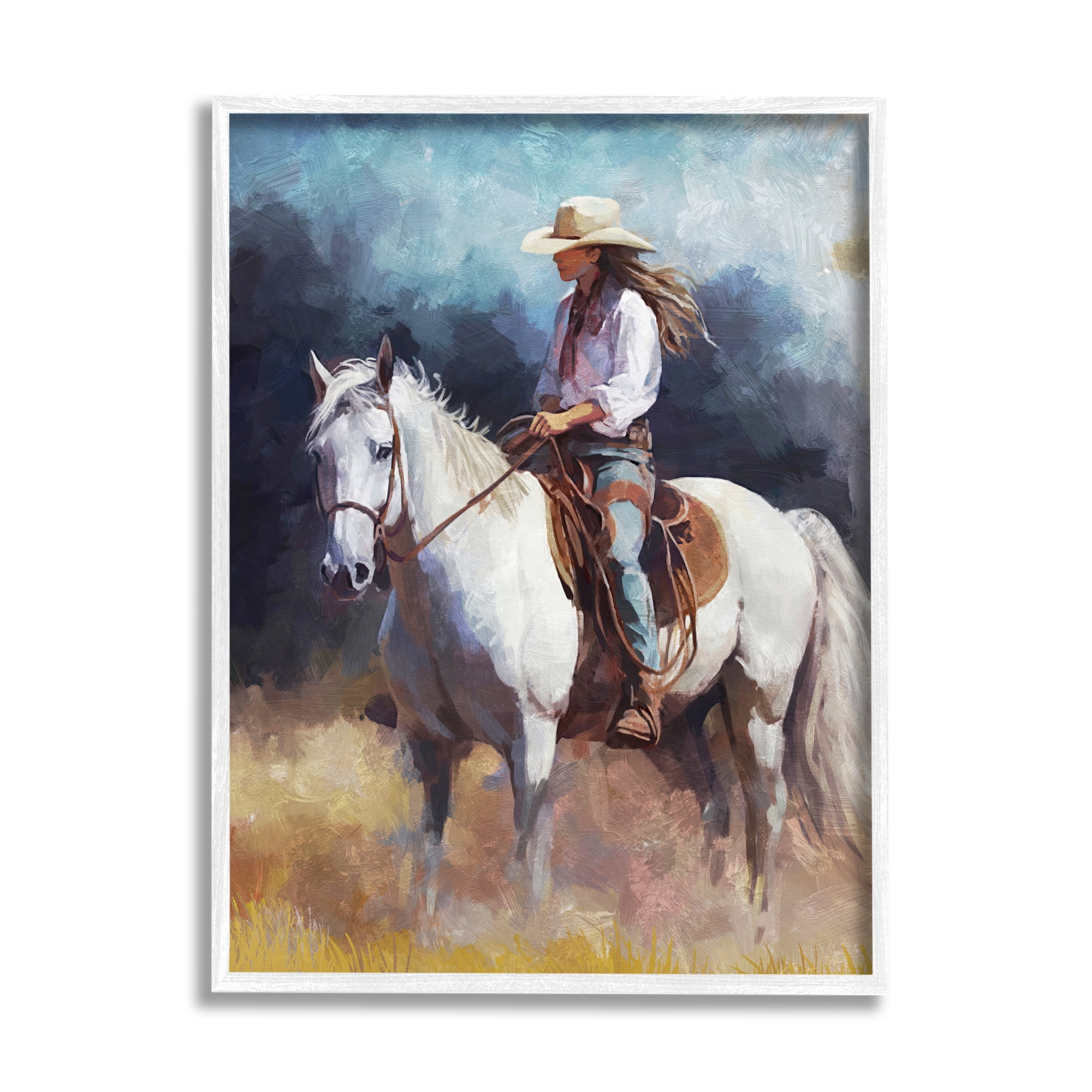 Stupell Industries Cowgirl on White Stallion Animals & Insects Painting White Framed Art Print Wall Art, 16 x 20