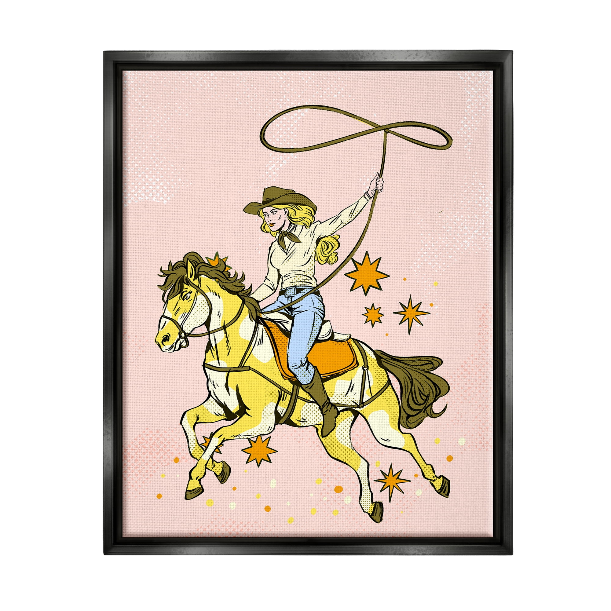 Stupell Industries Cowgirl with Lasso Animals & Insects Painting Black Floater Framed Canvas Art Print Wall Art, 17 x 21