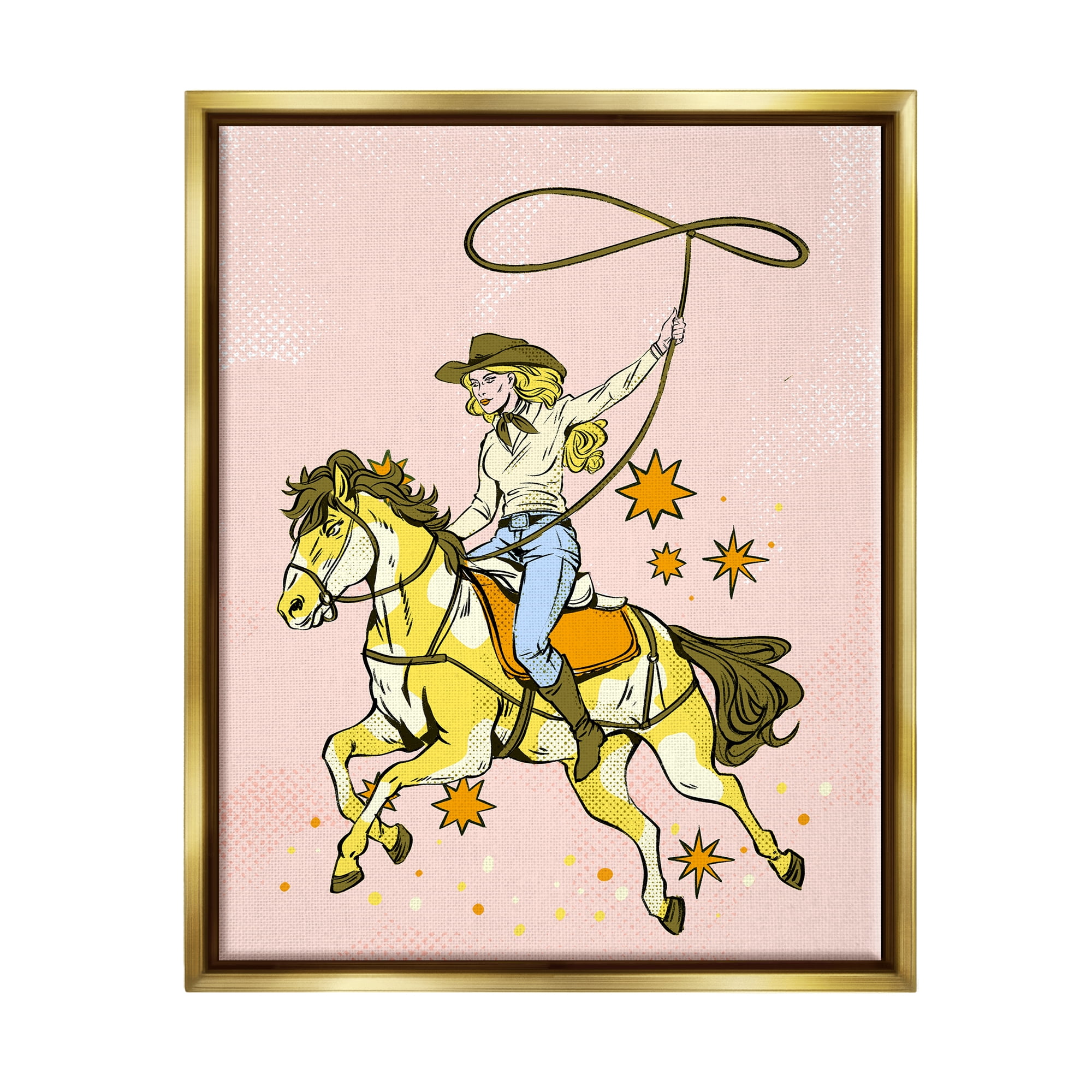 Stupell Industries Cowgirl with Lasso Animals & Insects Painting Gold Floater Framed Canvas Art Print Wall Art, 17 x 21
