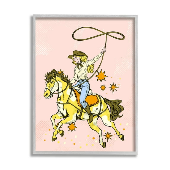 Stupell Industries Cowgirl with Lasso Animals & Insects Painting Gray Framed Art Print Wall Art, 16 x 20