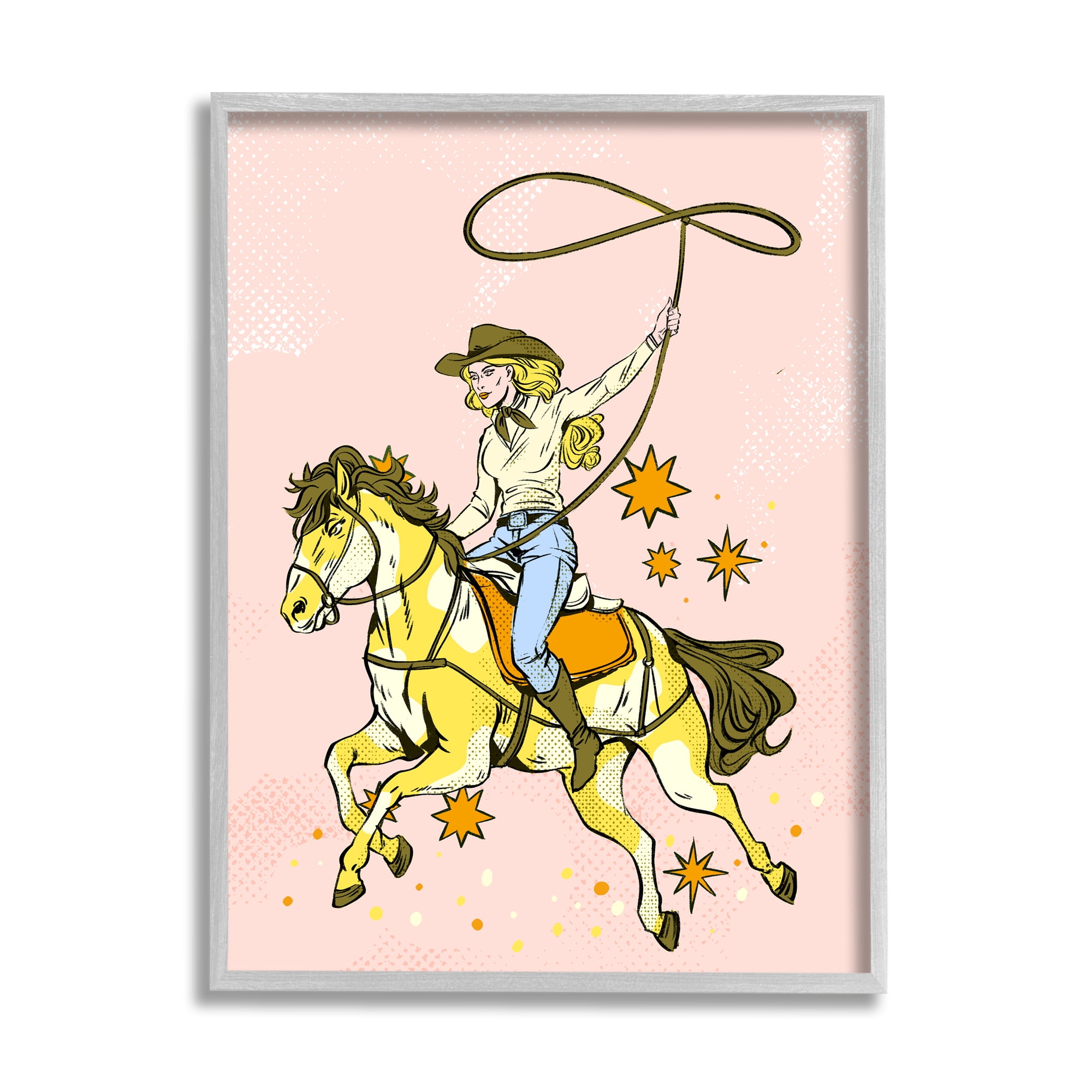 Stupell Industries Cowgirl with Lasso Animals & Insects Painting Gray Framed Art Print Wall Art, 24 x 30