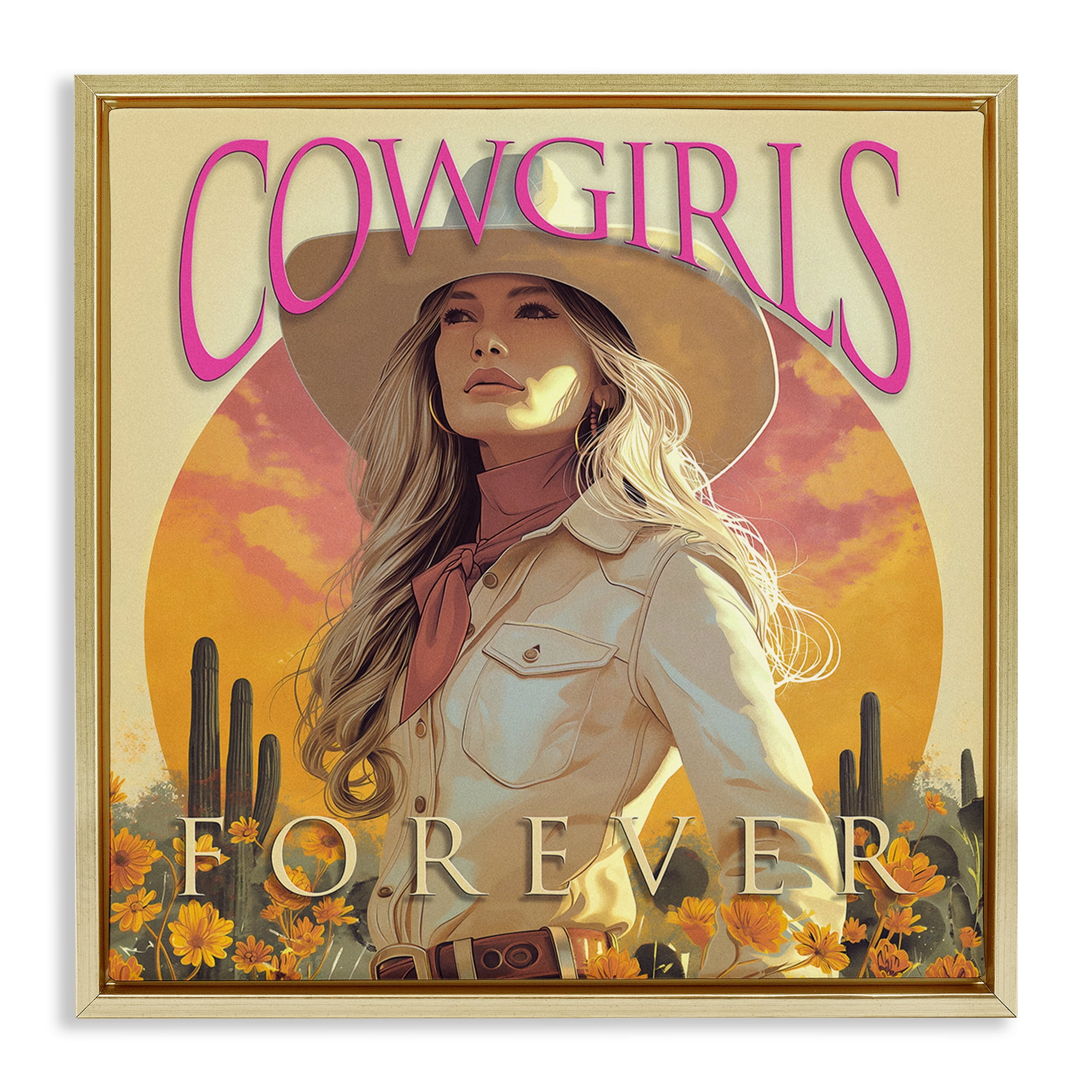 Stupell Industries Cowgirls Forever Portrait People Painting Gold Floater Framed Canvas Art Print Wall Art, 25 x 25