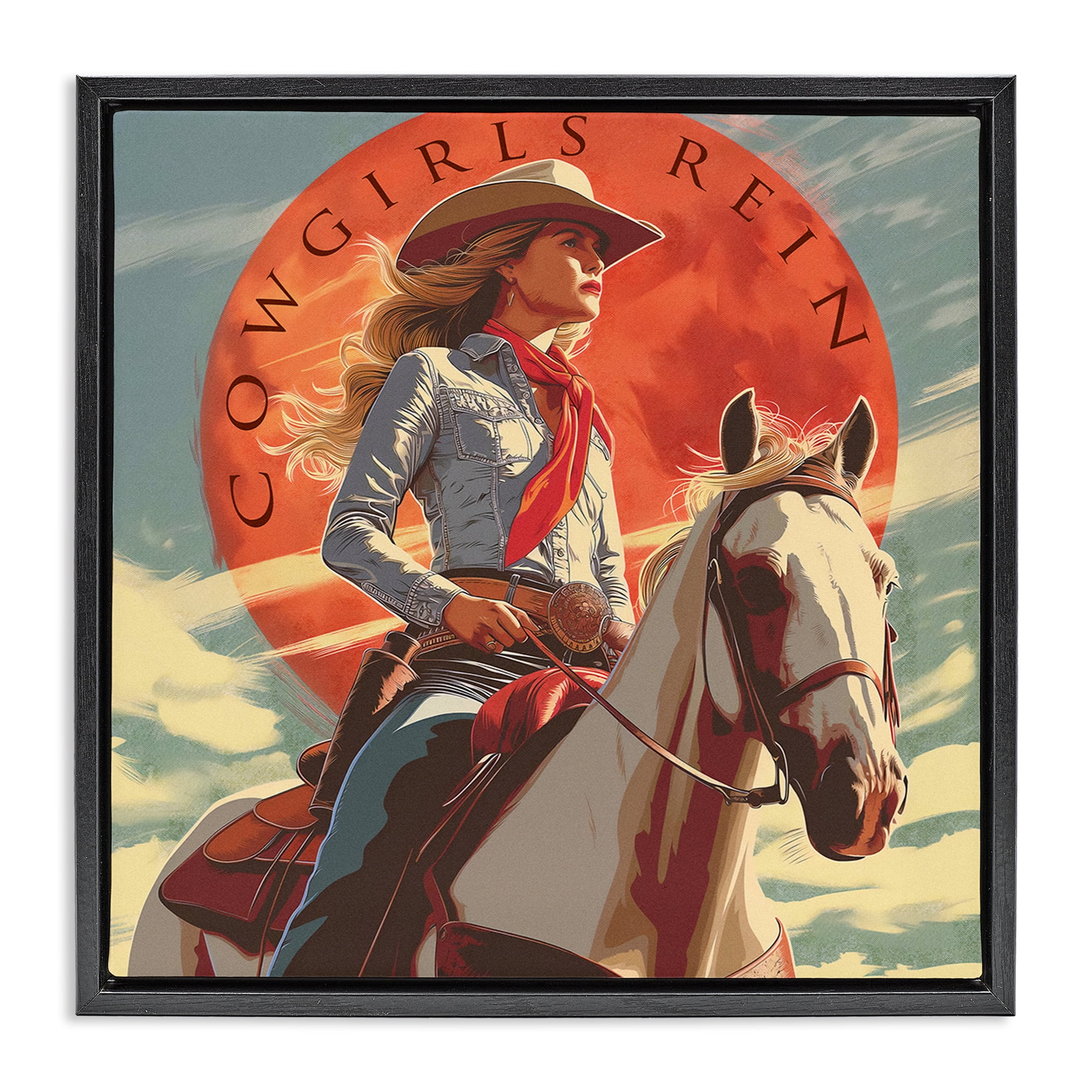 Stupell Industries Cowgirls Rein Portrait People Painting Black Floater Framed Canvas Art Print Wall Art, 25 x 25