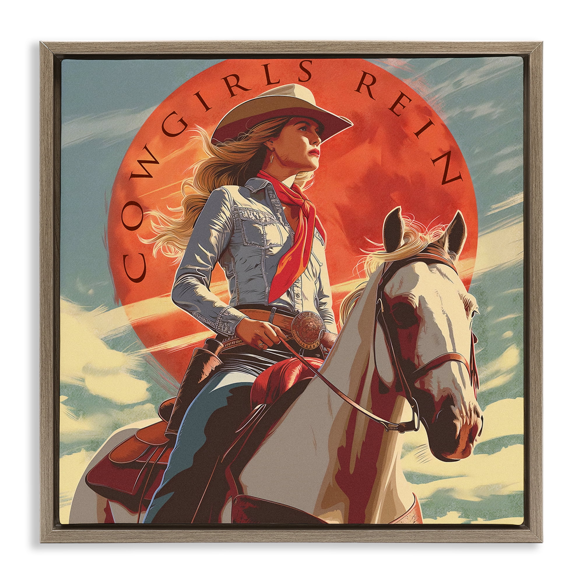 Stupell Industries Cowgirls Rein Portrait People Painting Brown Floater Framed Canvas Art Print Wall Art, 18 x 18