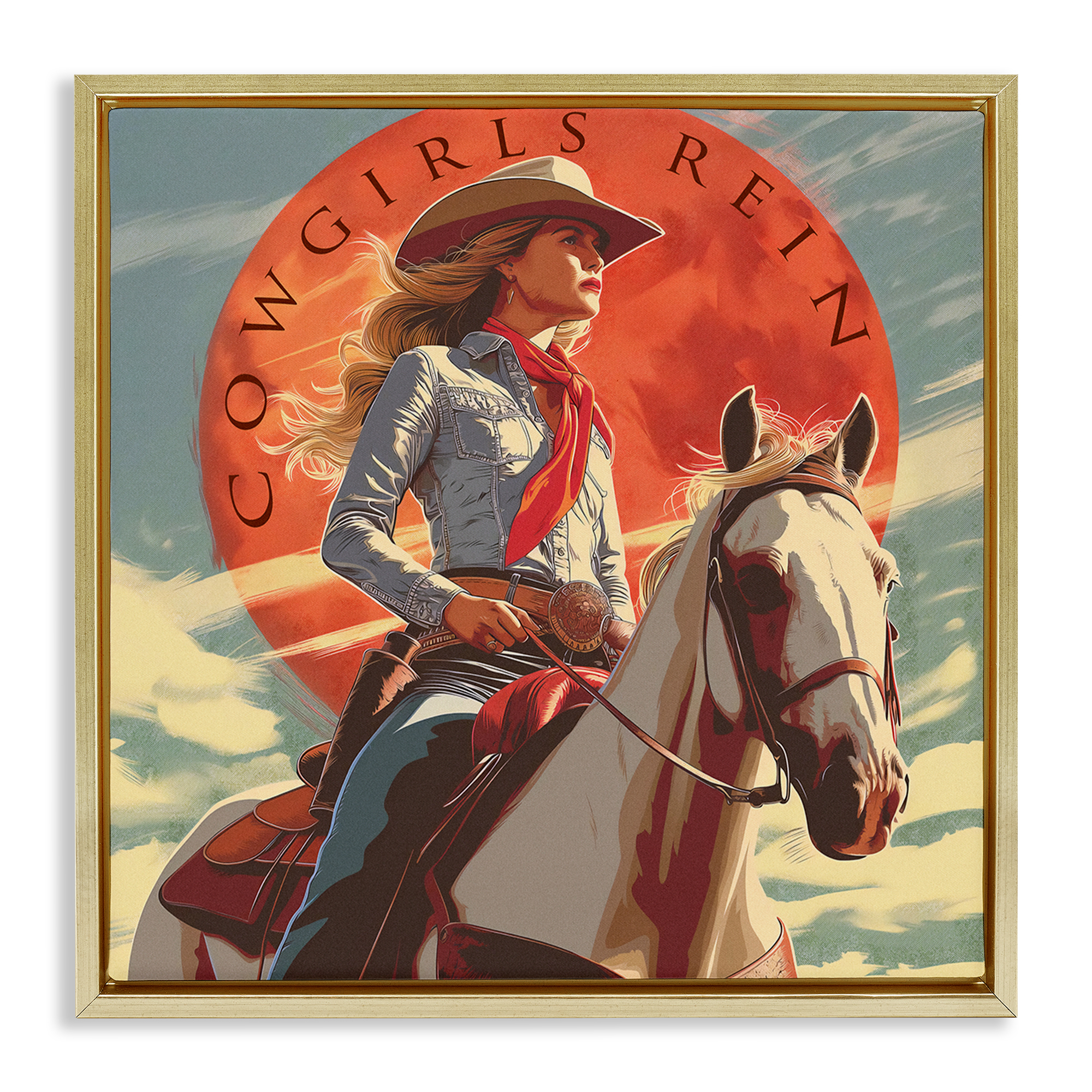 Stupell Industries Cowgirls Rein Portrait People Painting Gold Floater Framed Canvas Art Print Wall Art, 18 x 18