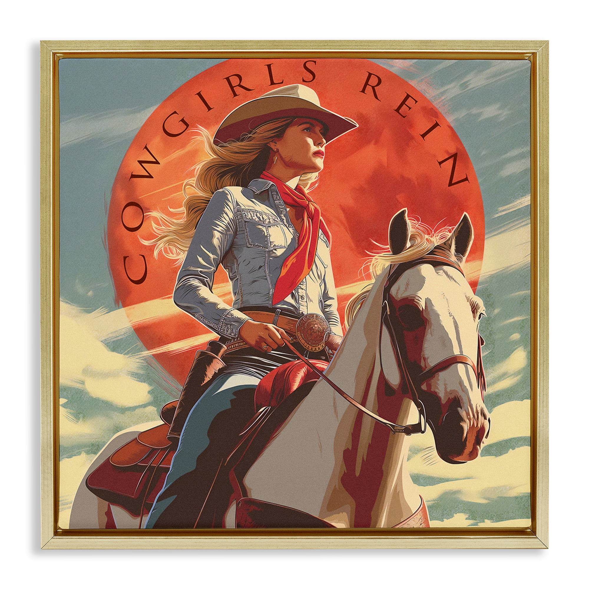 Stupell Industries Cowgirls Rein Portrait People Painting Gold Floater Framed Canvas Art Print Wall Art, 25 x 25