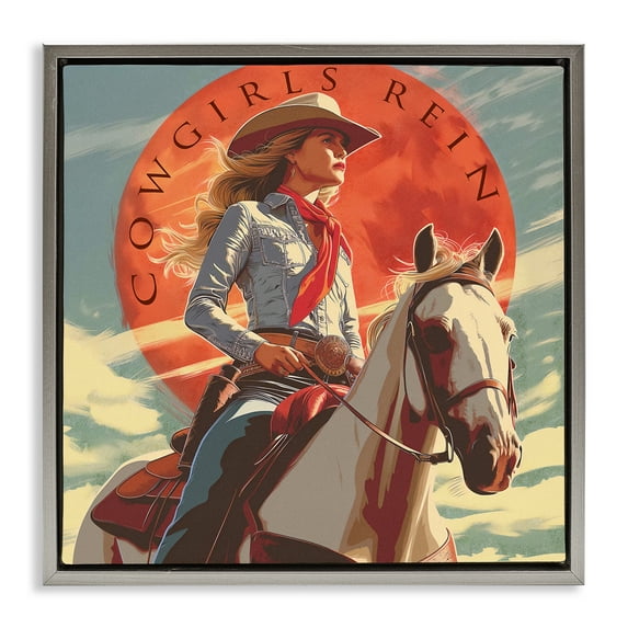 Stupell Industries Cowgirls Rein Portrait People Painting Gray Floater Framed Canvas Art Print Wall Art, 18 x 18