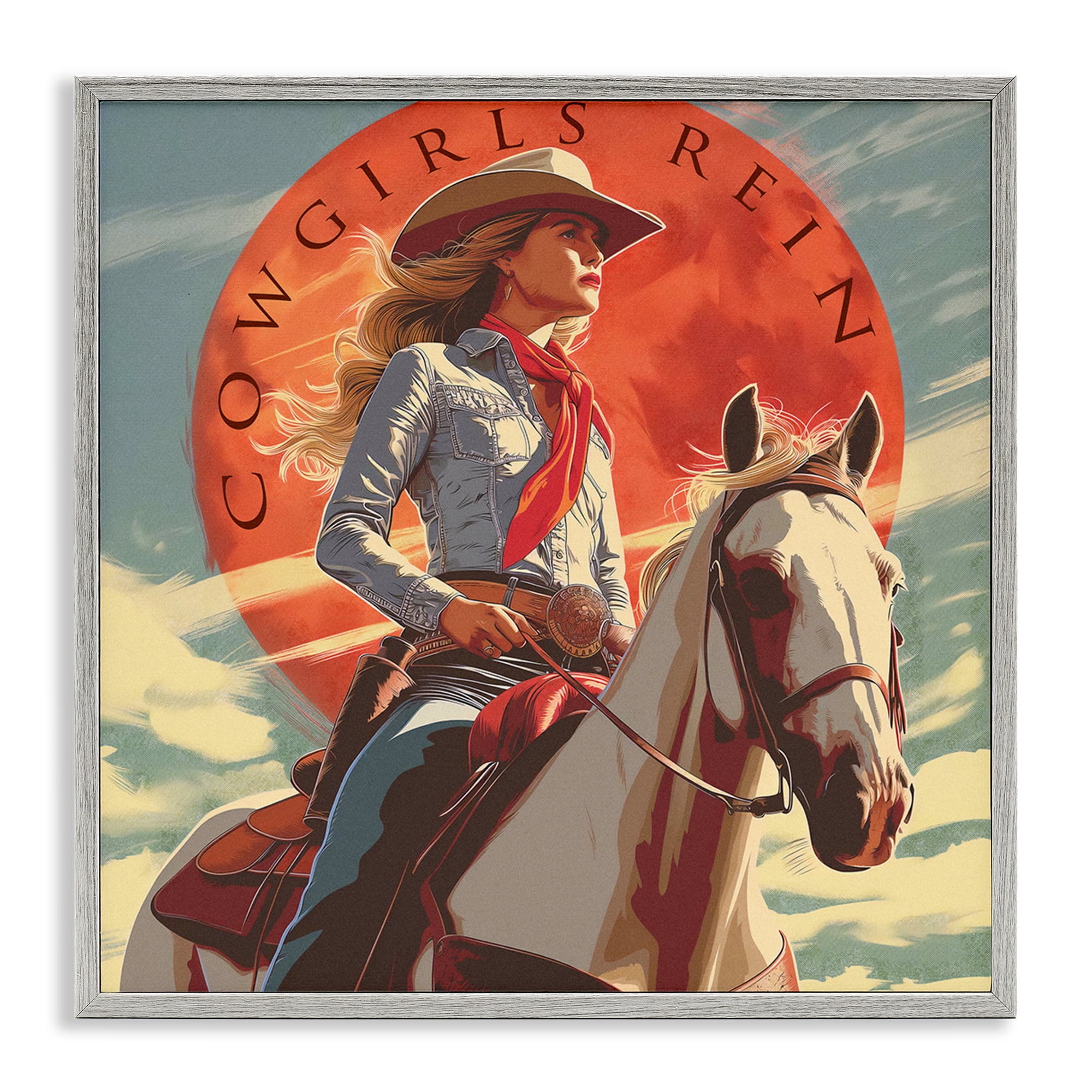 Stupell Industries Cowgirls Rein Portrait People Painting Gray Framed Art Print Wall Art, 24 x 24