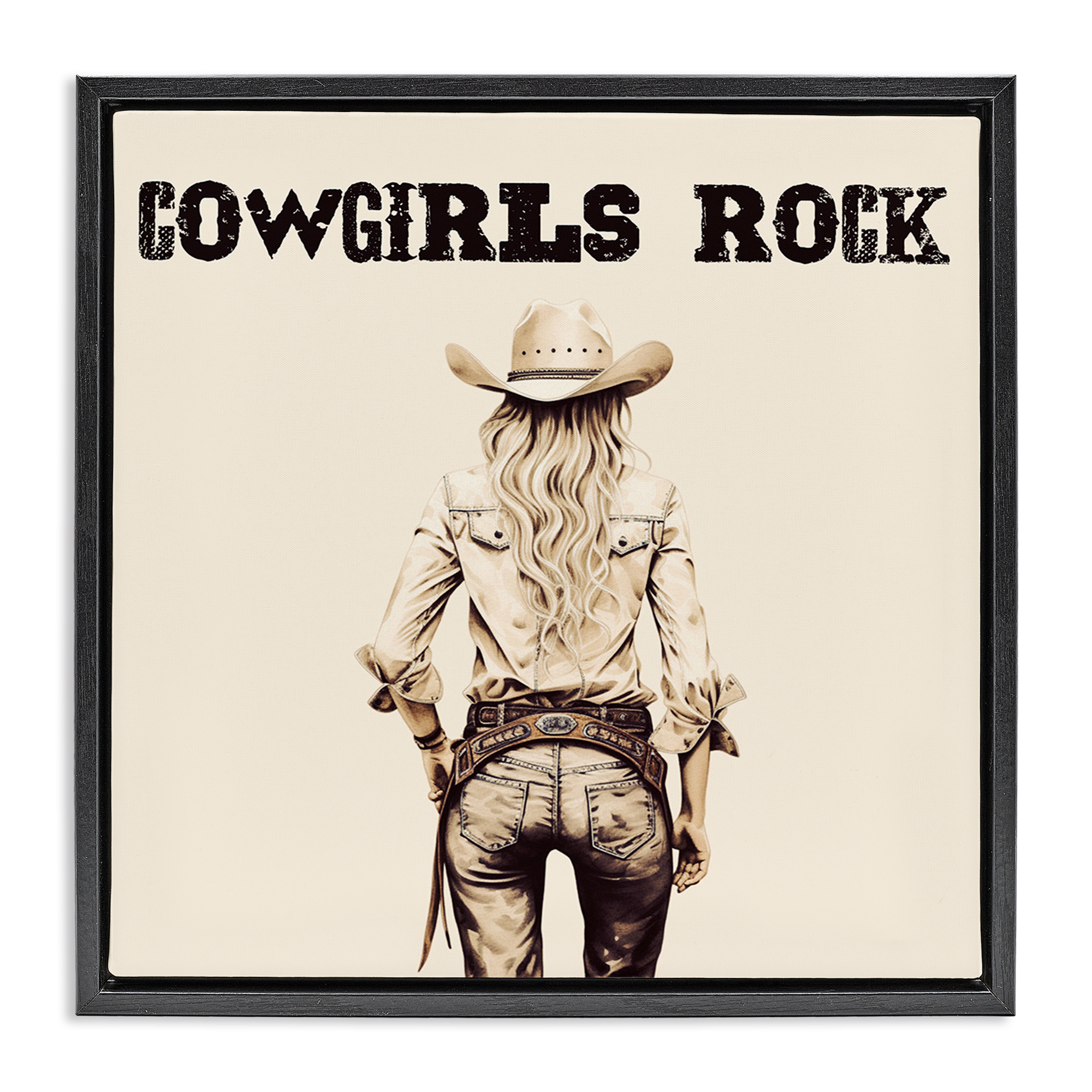 Stupell Industries Cowgirls Rock Phrase People Painting Black Floater Framed Canvas Art Print Wall Art, 25 x 25