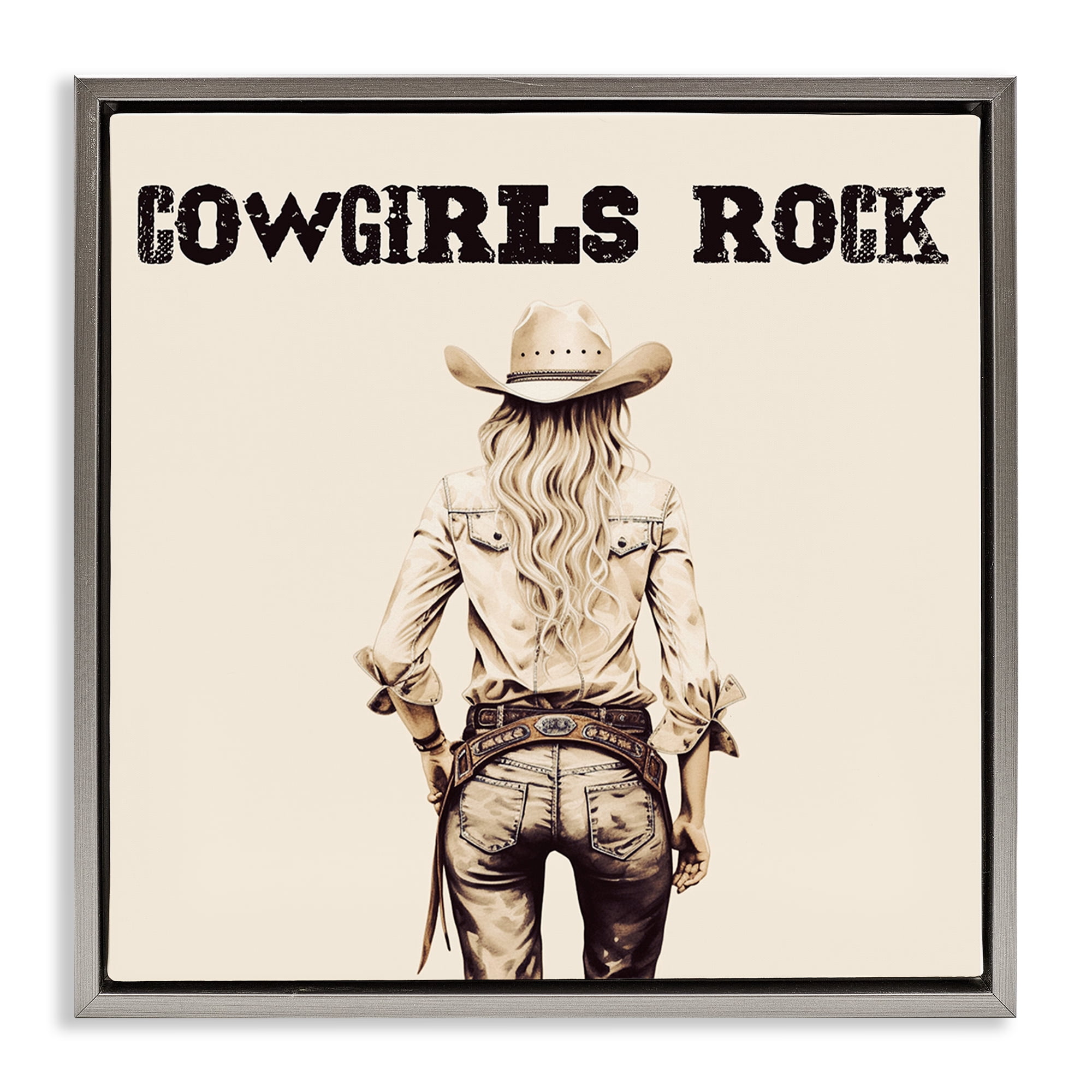 Stupell Industries Cowgirls Rock Phrase People Painting Gray Floater Framed Canvas Art Print Wall Art, 25 x 25