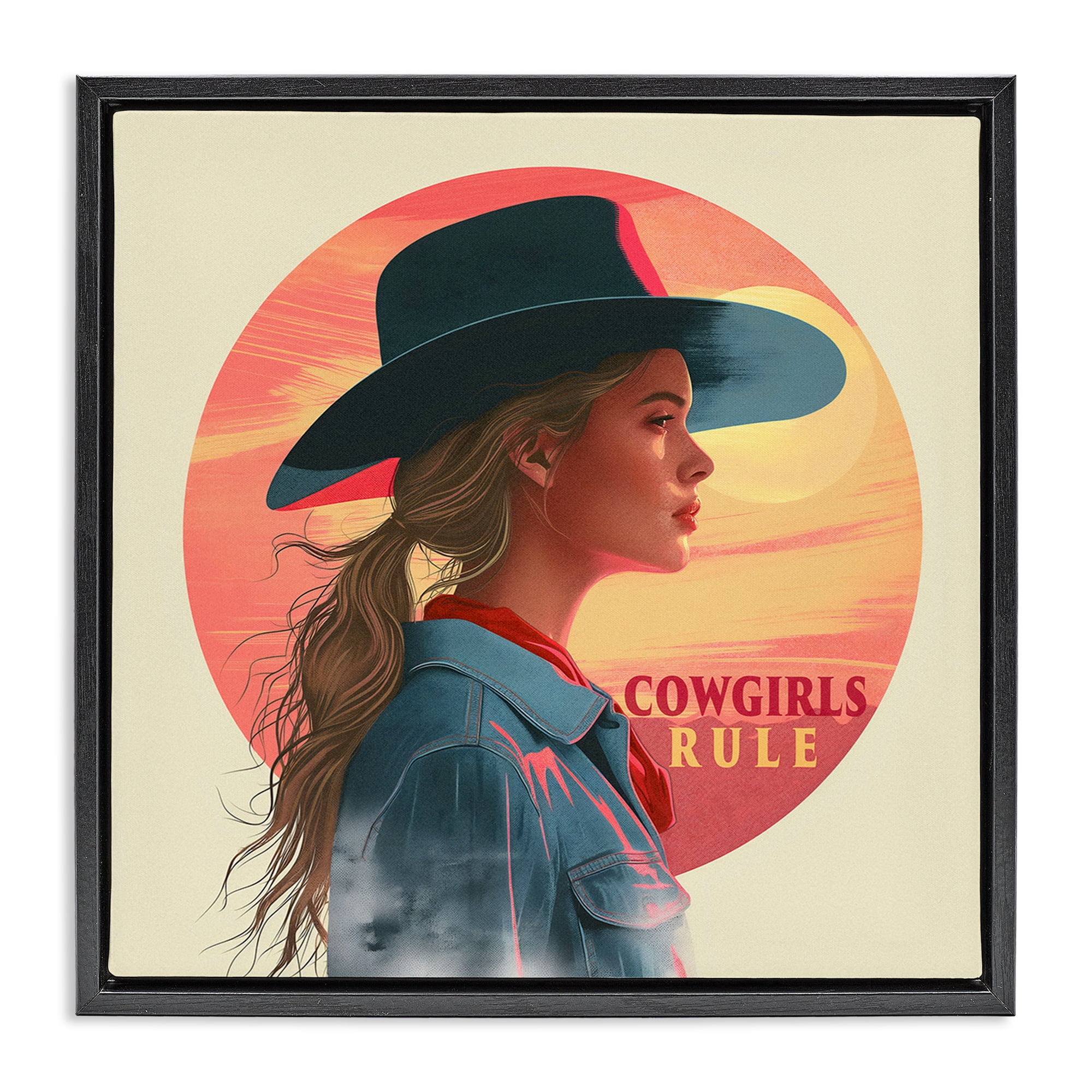 Stupell Industries Cowgirls Rule Portrait People Painting Black Floater Framed Canvas Art Print Wall Art, 25 x 25
