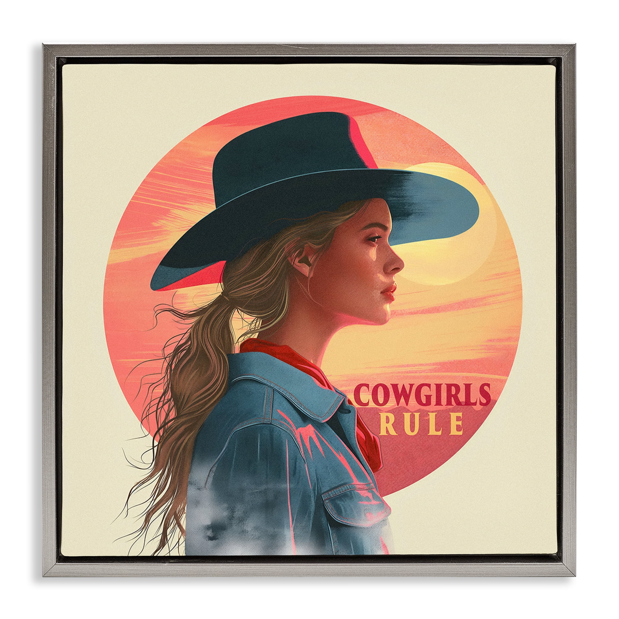 Stupell Industries Cowgirls Rule Portrait People Painting Gray Floater Framed Canvas Art Print Wall Art, 18 x 18