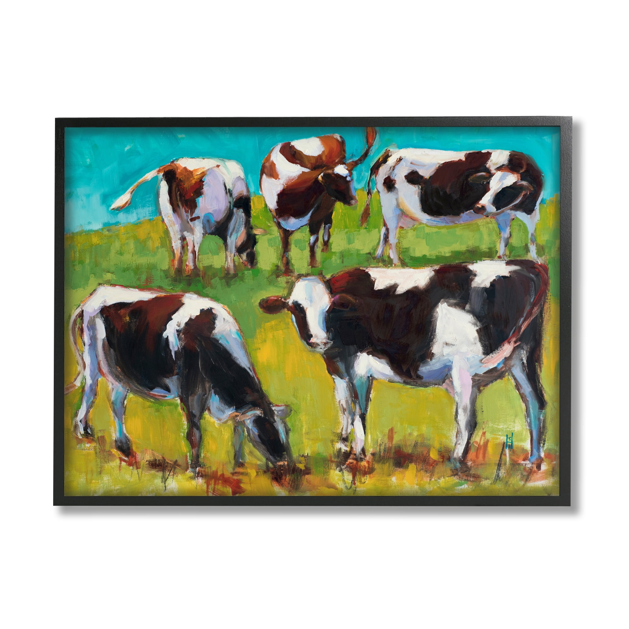 Stupell Industries Cows Grazing Modern Painting Animals & Insects Painting Black Framed Art Print Wall Art, 30 x 24