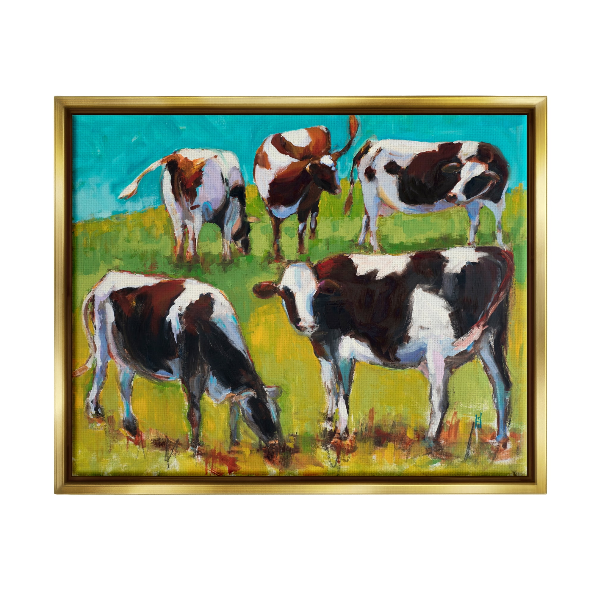 Stupell Industries Cows Grazing Modern Painting Animals & Insects Painting Gold Floater Framed Art Print Wall Art, 31 x 25