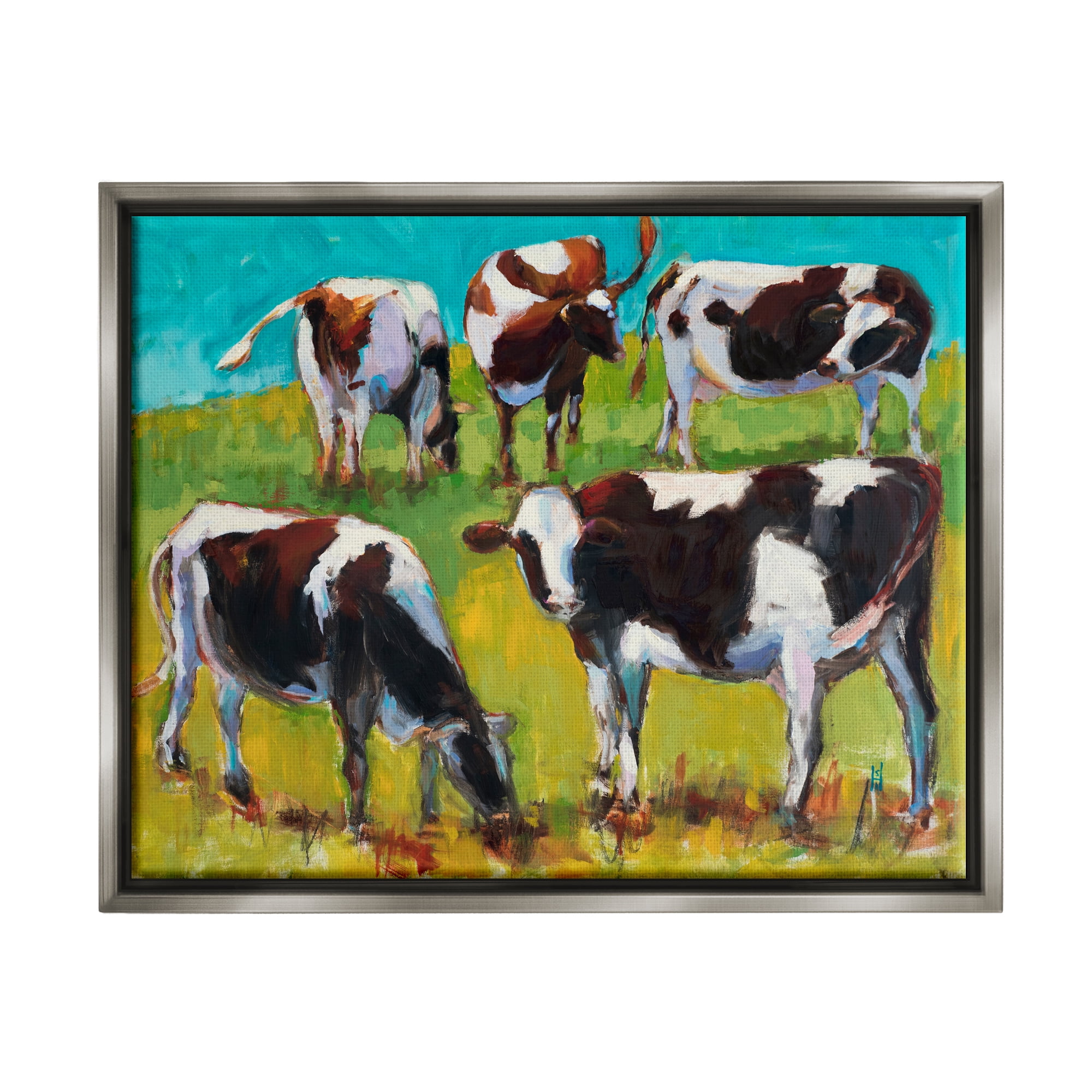 Stupell Industries Cows Grazing Modern Painting Animals & Insects Painting Gray Floater Framed Art Print Wall Art, 31 x 25