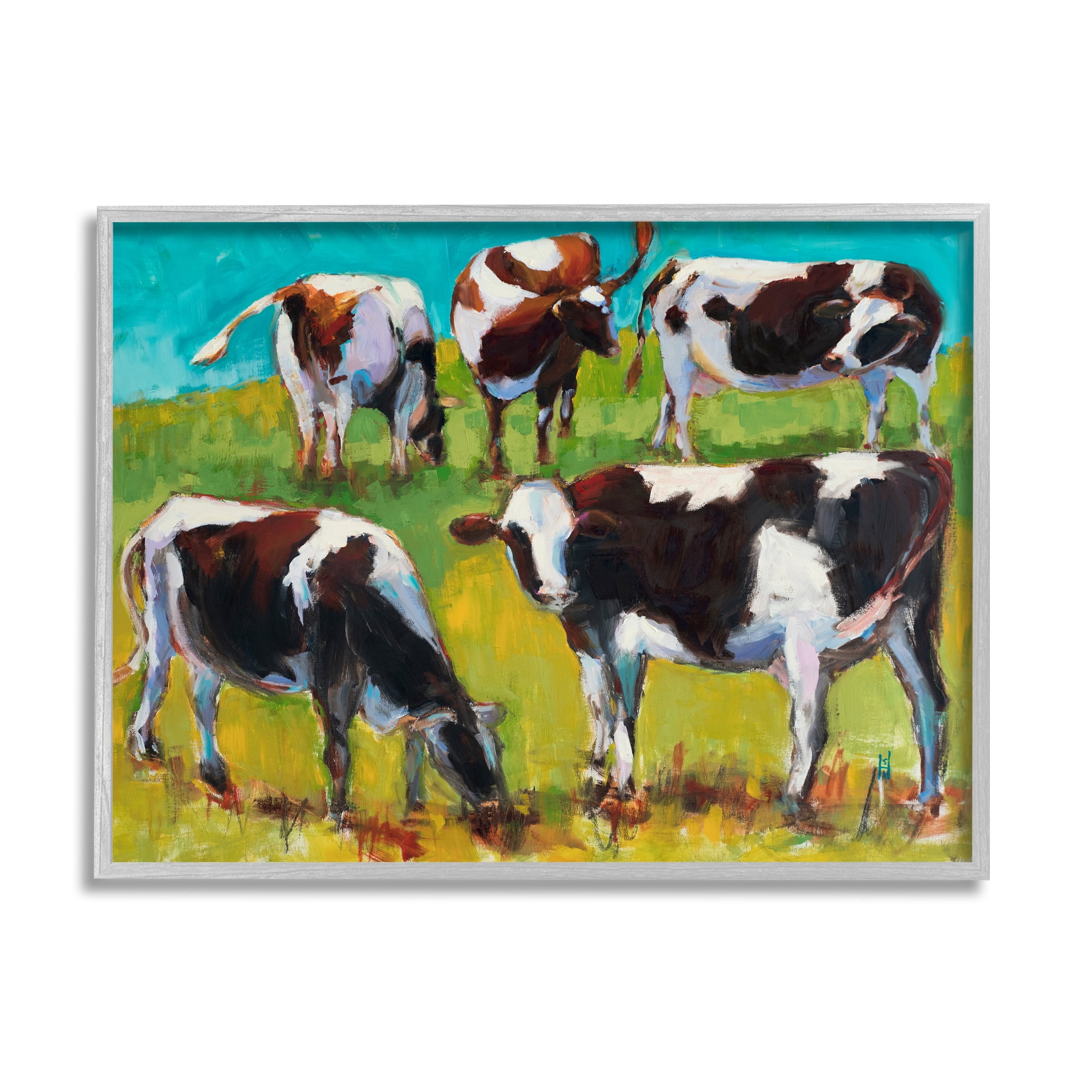 Stupell Industries Cows Grazing Modern Painting Animals & Insects Painting Gray Framed Art Print Wall Art, 30 x 24