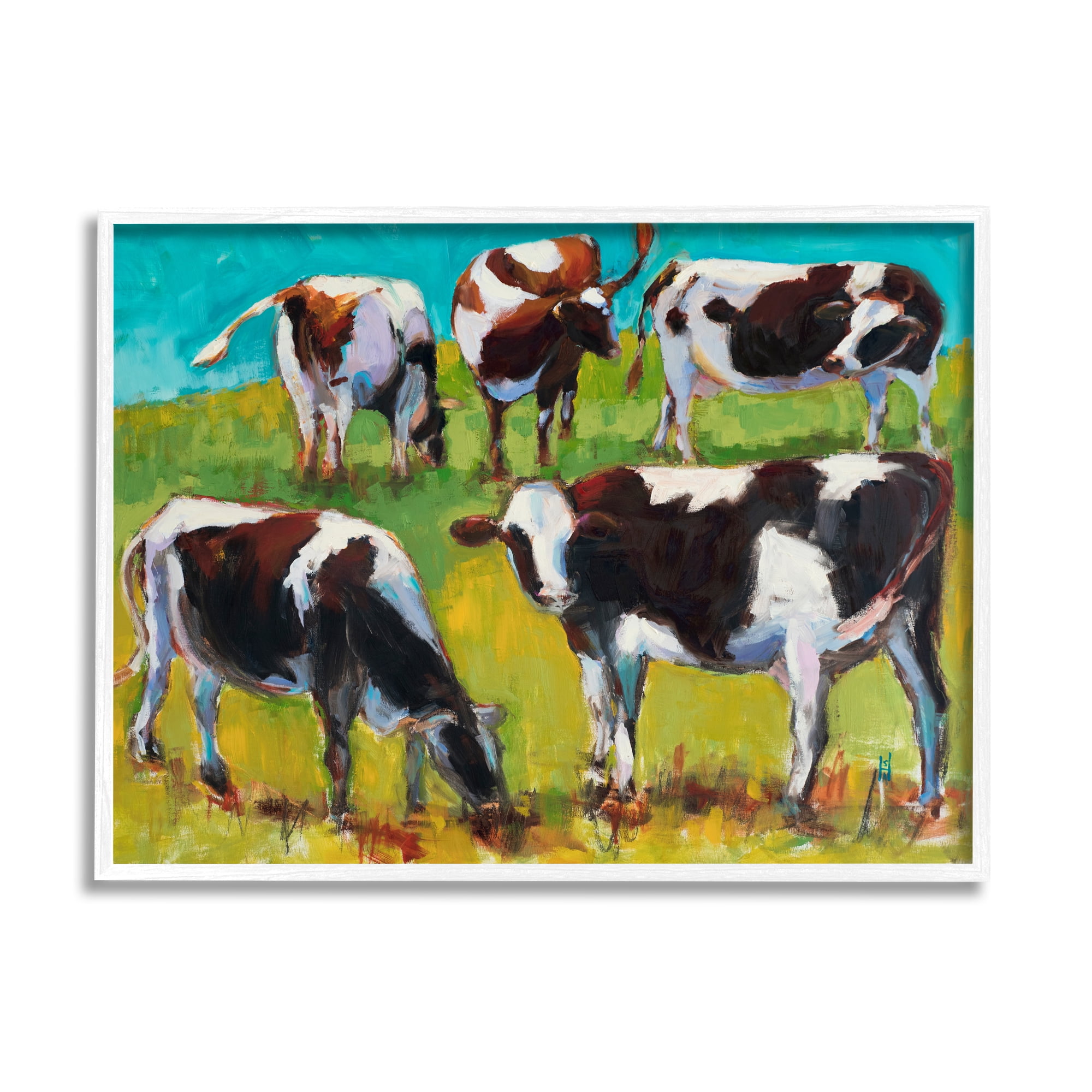 Stupell Industries Cows Grazing Modern Painting Animals & Insects Painting White Framed Art Print Wall Art, 20 x 16