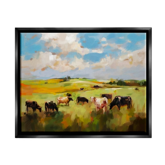 Stupell Industries Cows Grazing Painting Landscape Painting Black Floater Framed Canvas Art Print Wall Art, 21 x 17