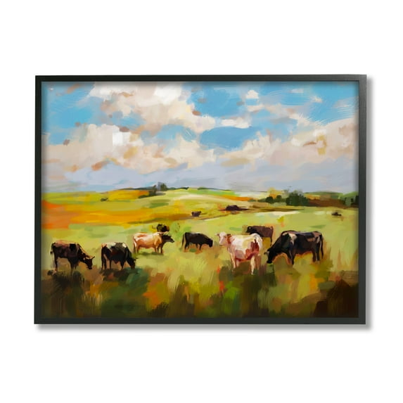 Stupell Industries Cows Grazing Painting Landscape Painting Black Framed Art Print Wall Art, 30 x 24