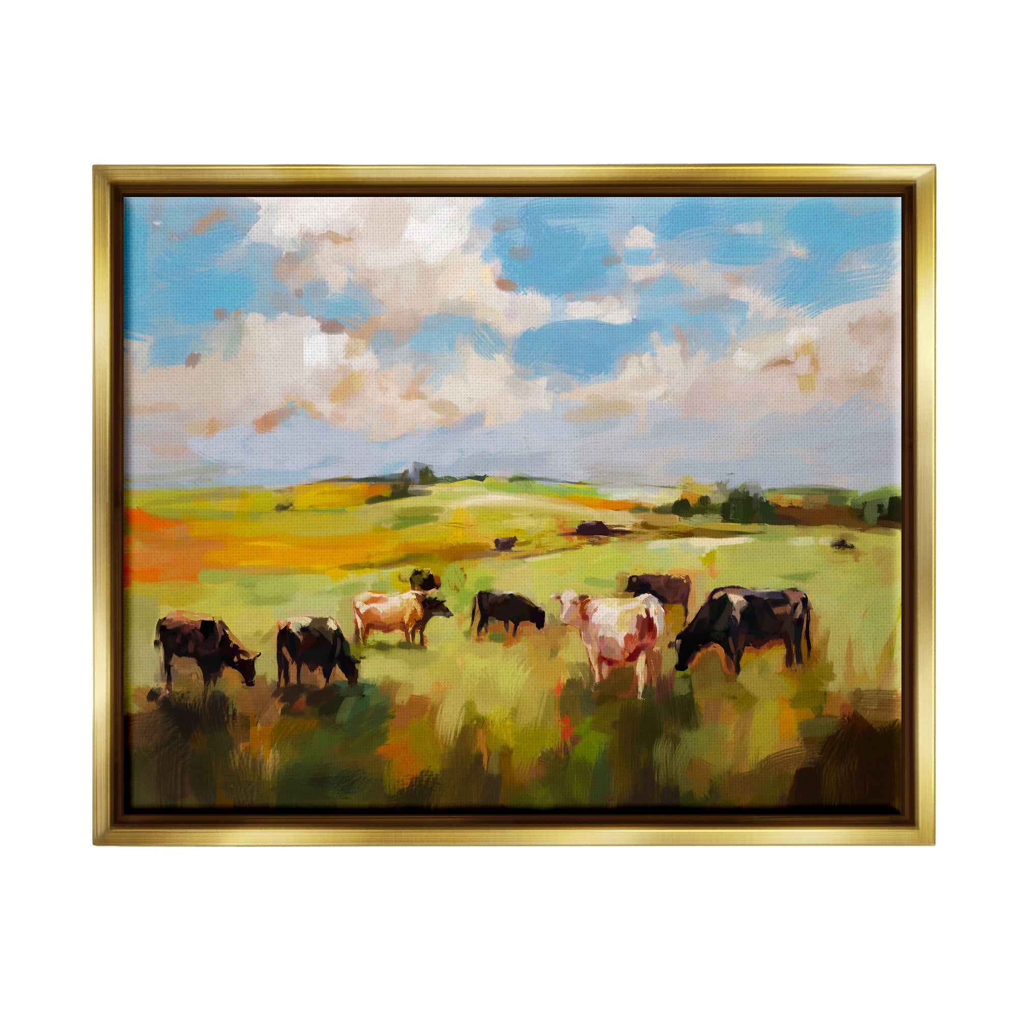 Stupell Industries Cows Grazing Painting Landscape Painting Gold Floater Framed Canvas Art Print Wall Art, 21 x 17
