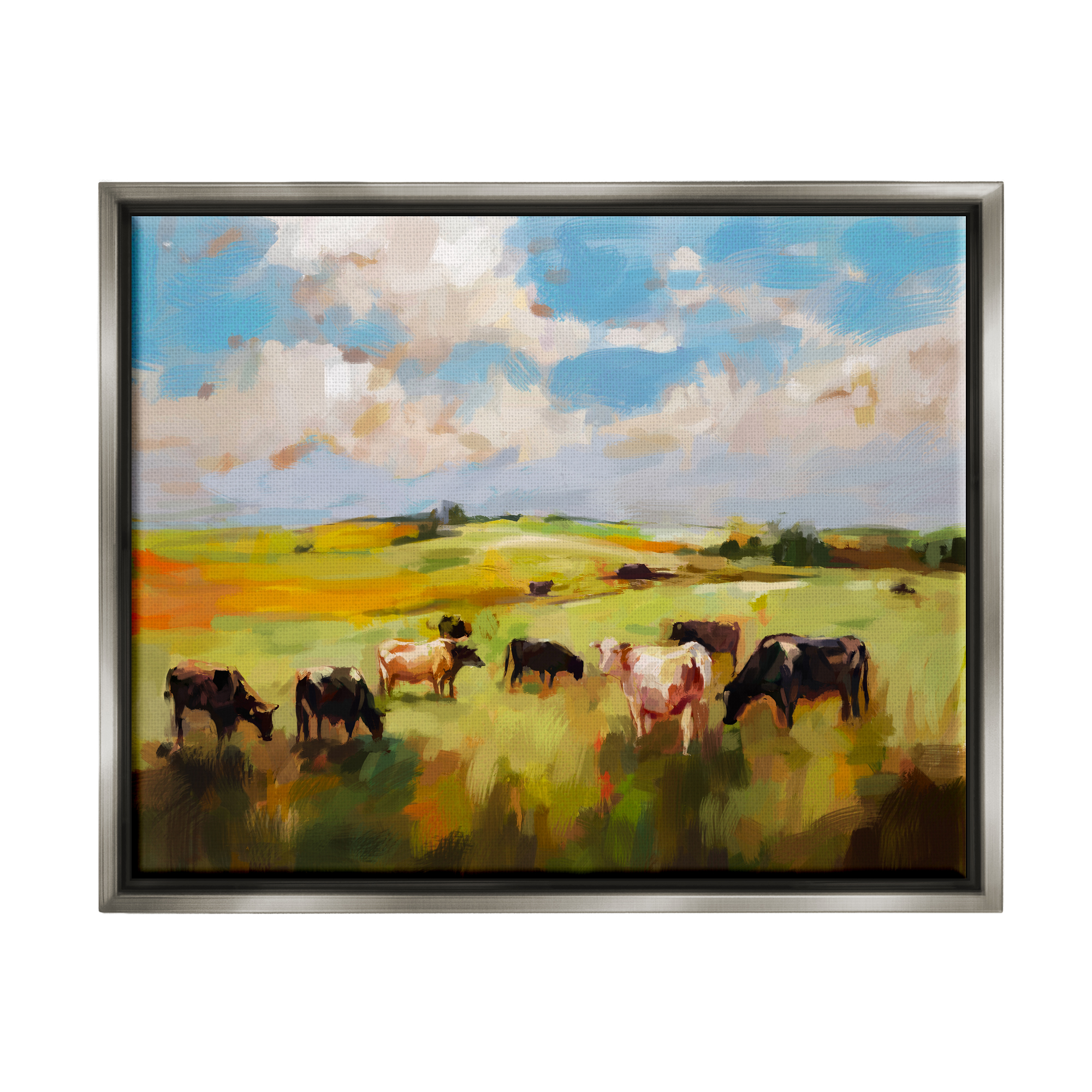 Stupell Industries Cows Grazing Painting Landscape Painting Gray Floater Framed Canvas Art Print Wall Art, 31 x 25