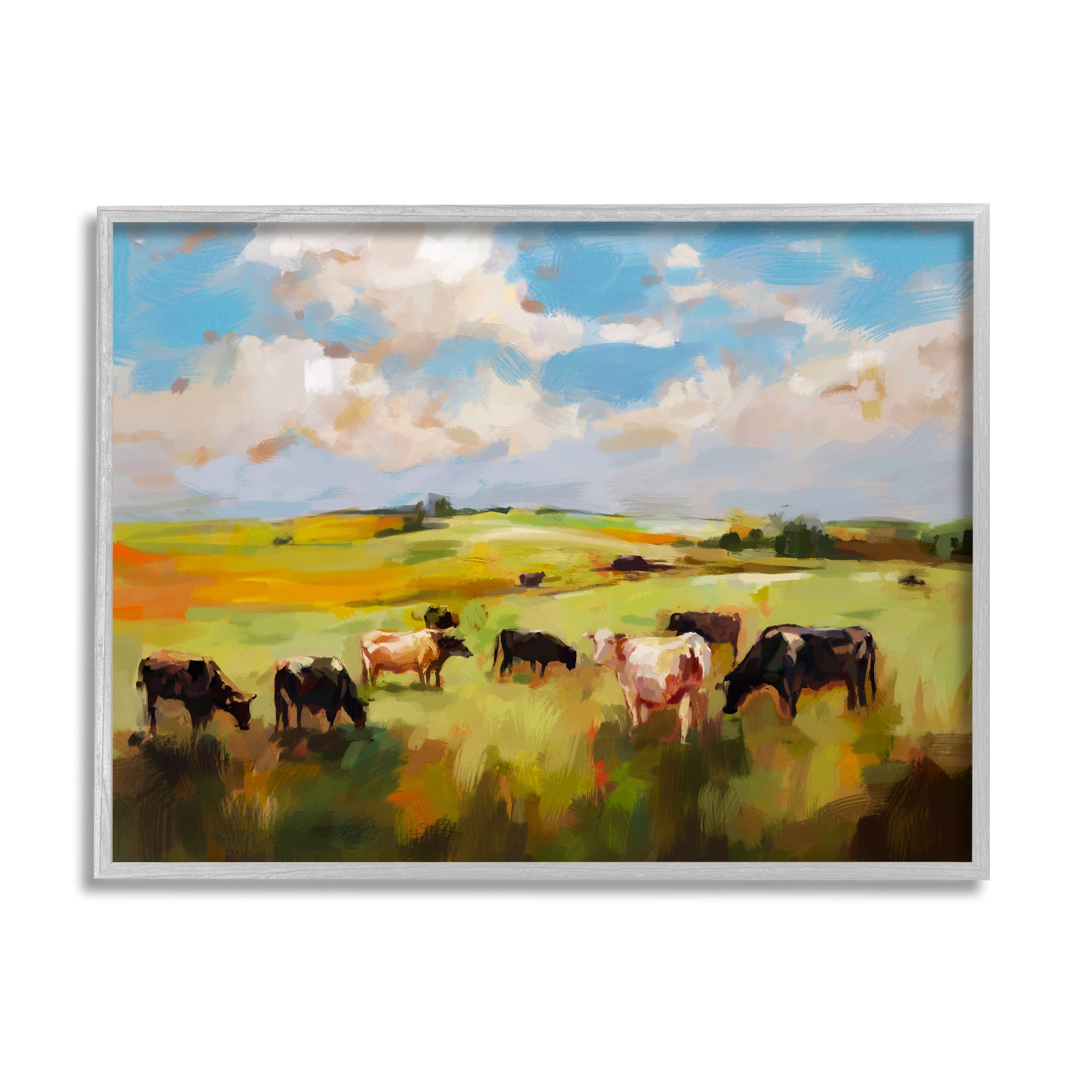 Stupell Industries Cows Grazing Painting Landscape Painting Gray Framed Art Print Wall Art, 20 x 16