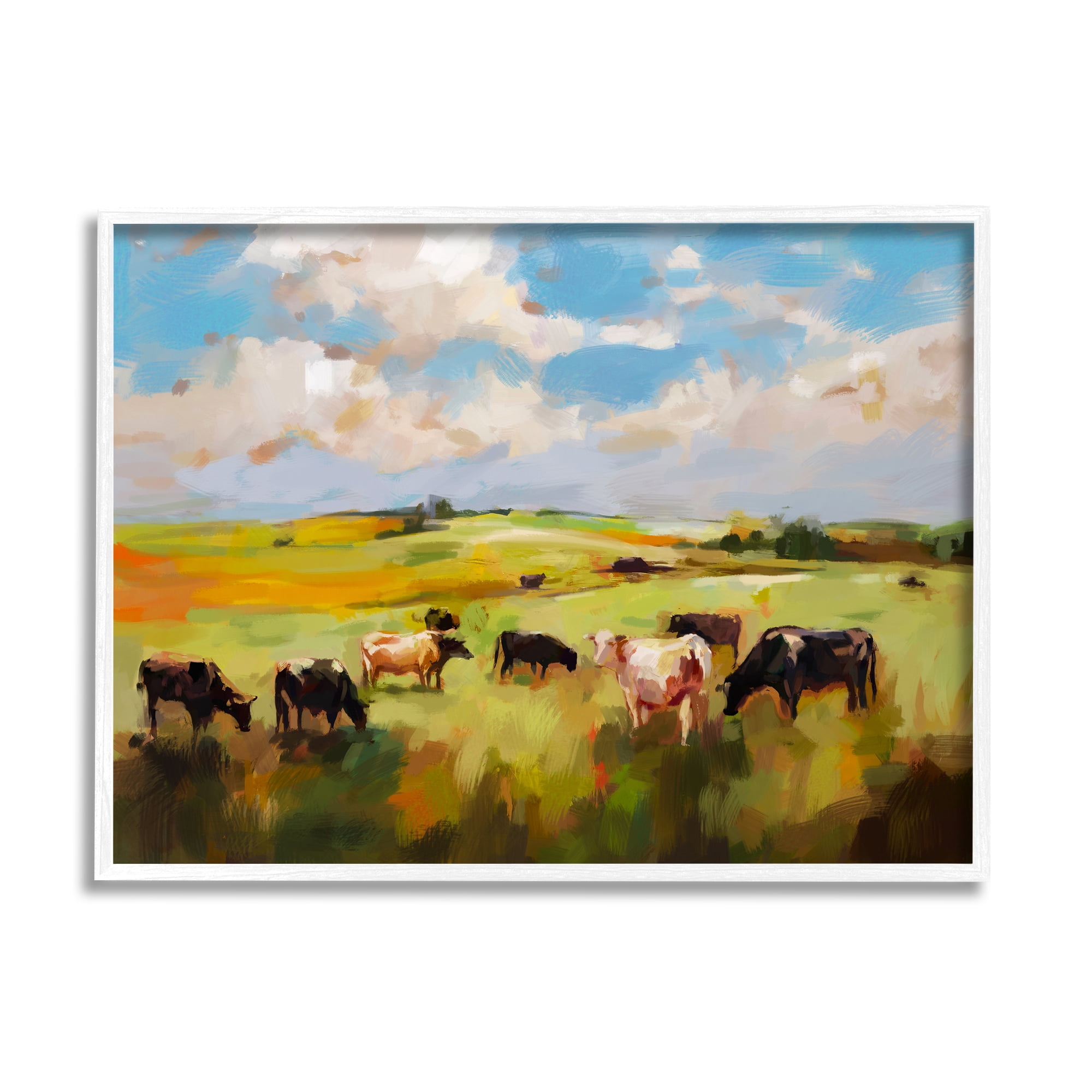Stupell Industries Cows Grazing Painting Landscape Painting White Framed Art Print Wall Art, 30 x 24