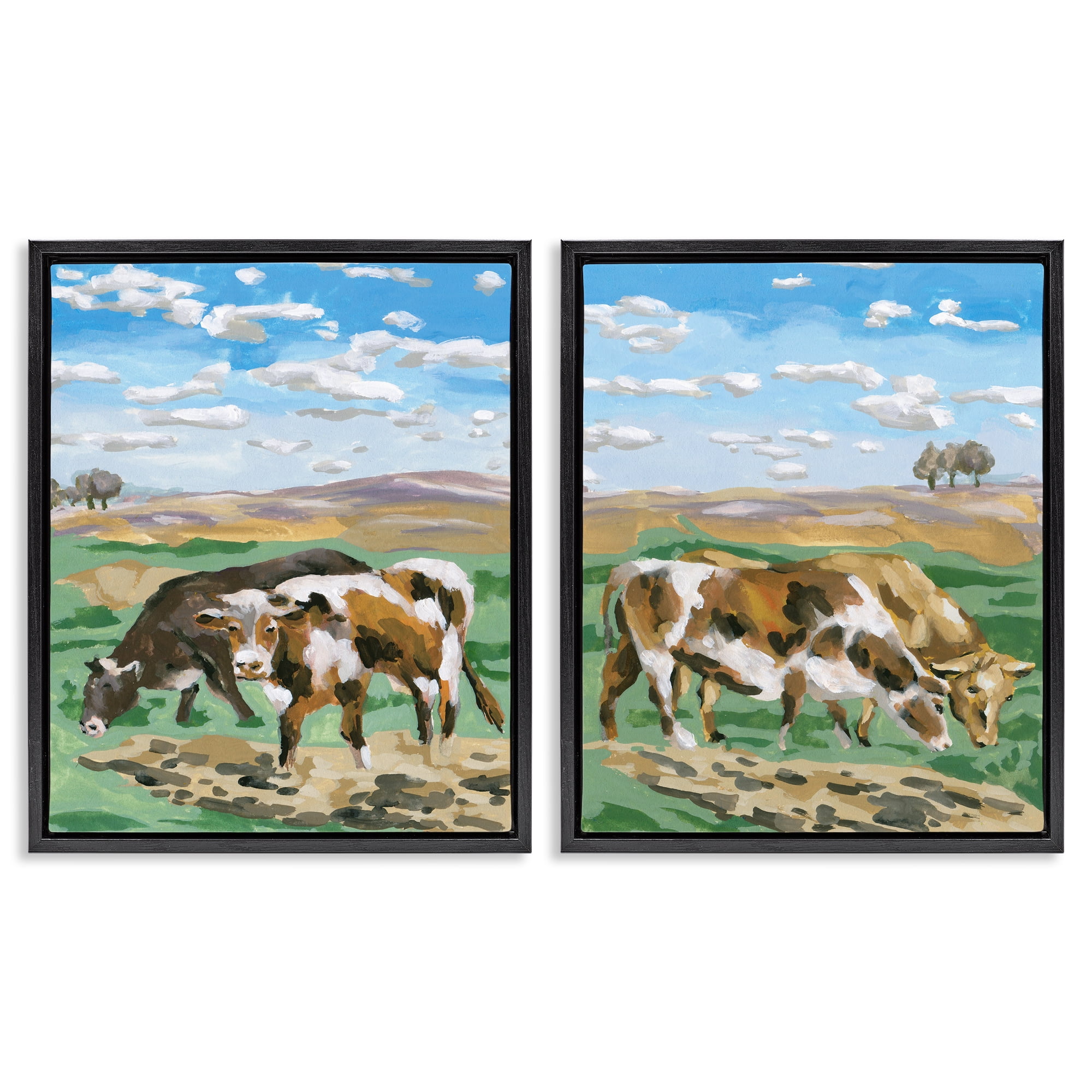 Stupell Industries Cows Grazing in Field Animals Painting Black Floater Framed Canvas Art Print Wall Art, 31 x 25, Set of 2