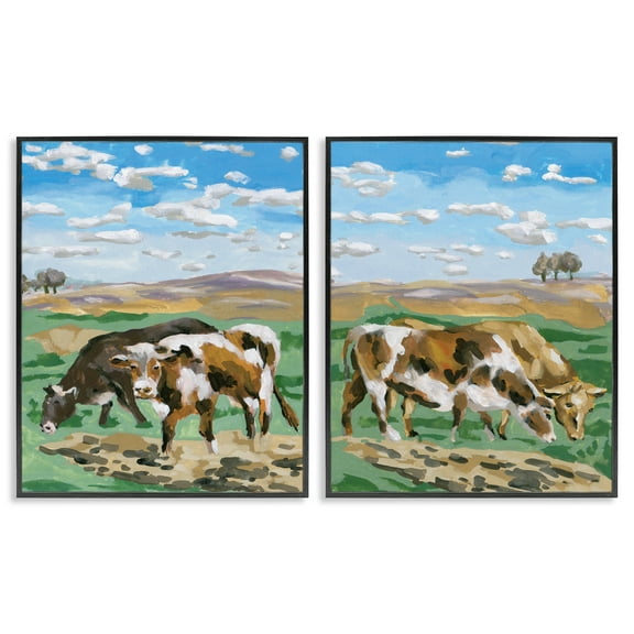 Stupell Industries Cows Grazing in Field Animals Painting Black Framed Art Print Wall Art, 11 x 14, Set of 2