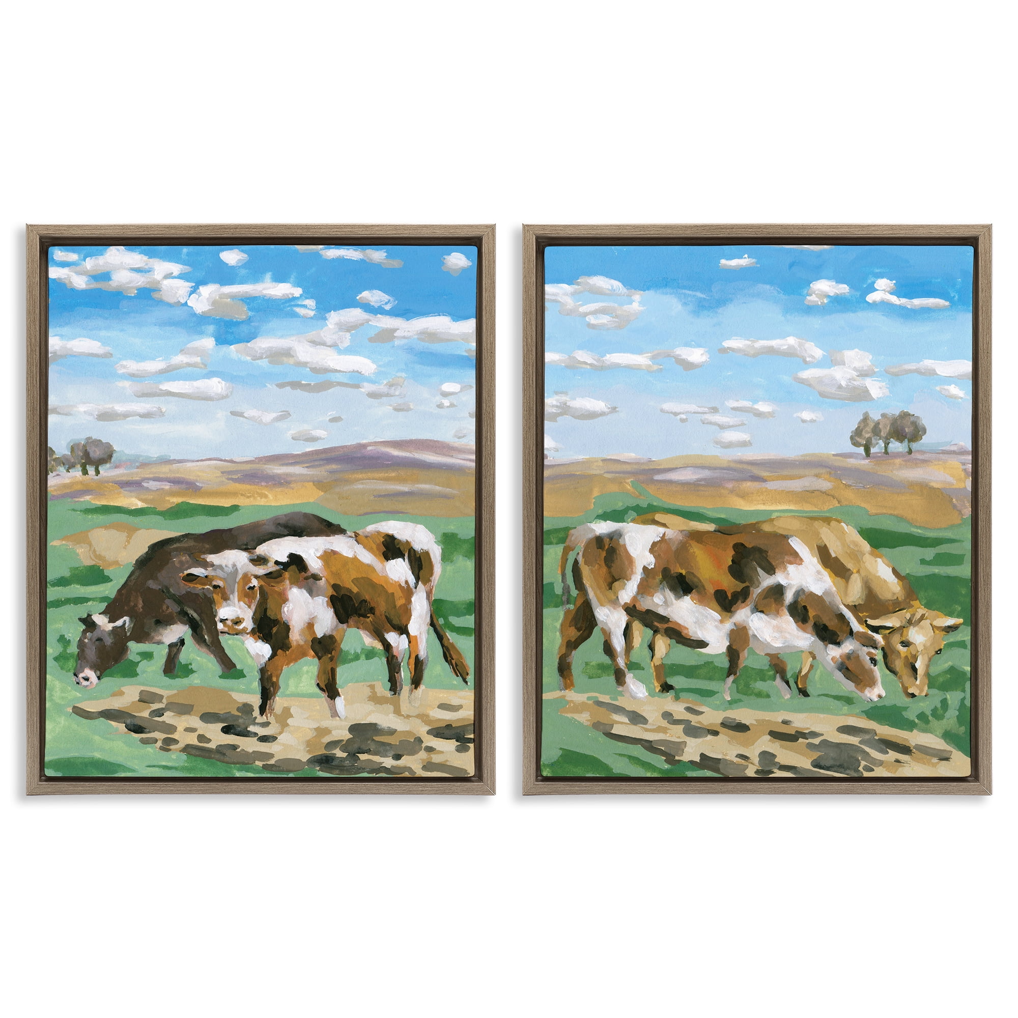 Stupell Industries Cows Grazing in Field Animals Painting Brown Floater Framed Canvas Art Print Wall Art, 17 x 21, Set of 2