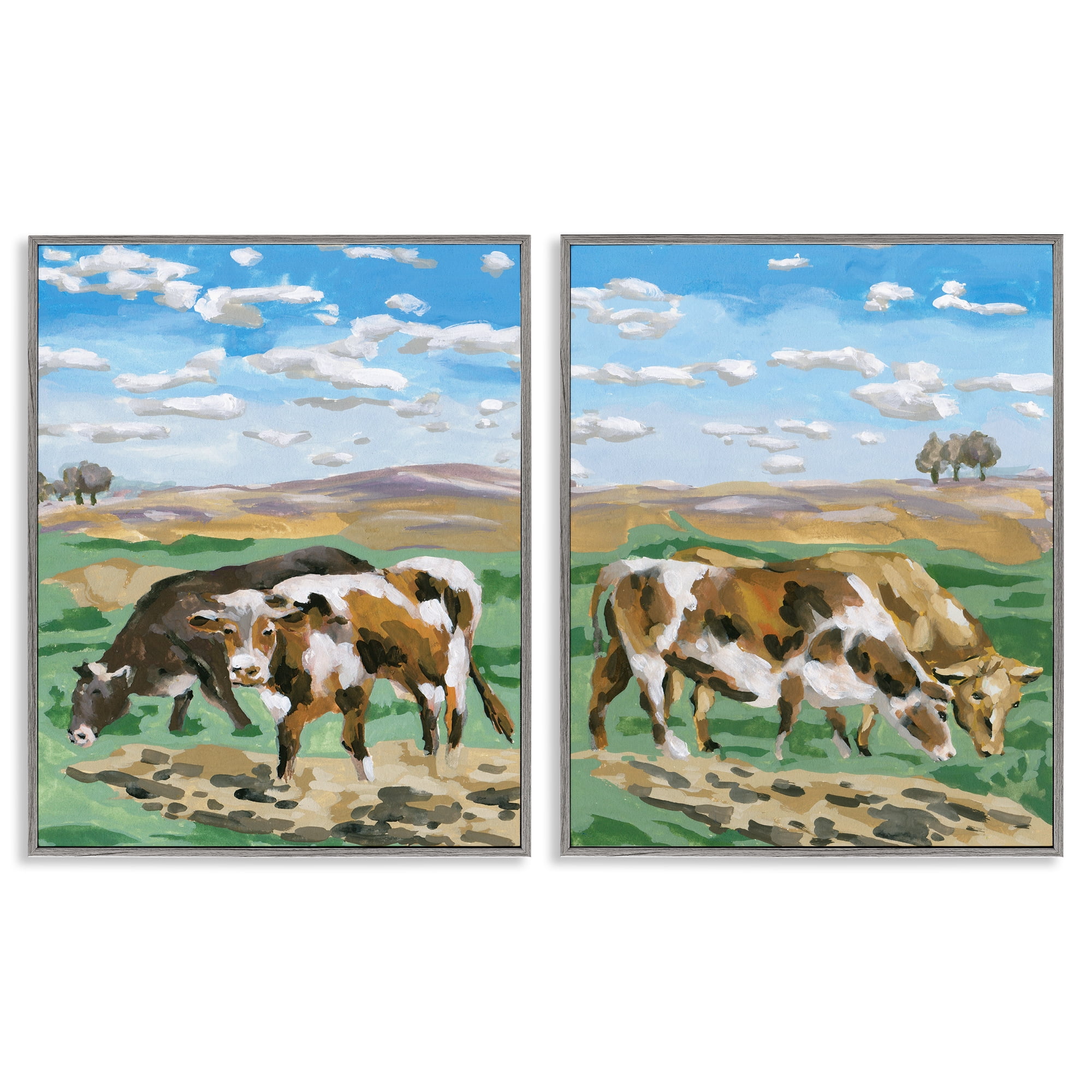 Stupell Industries Cows Grazing in Field Animals Painting Gray Framed Art Print Wall Art, 16 x 20, Set of 2