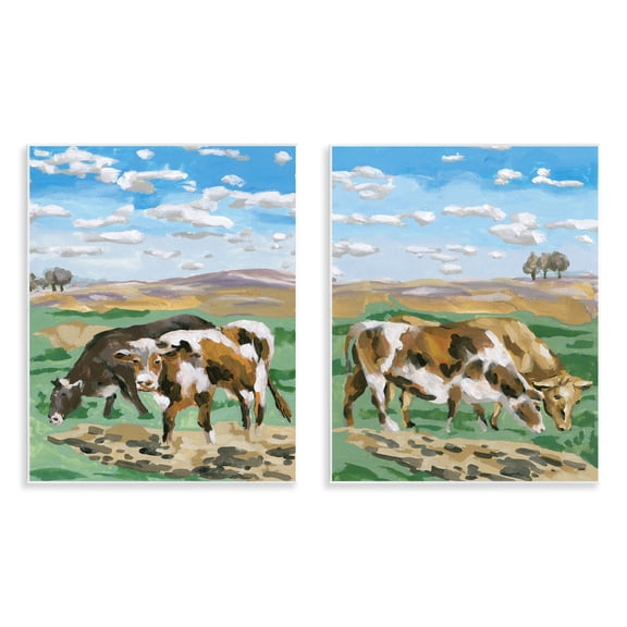 Stupell Industries Cows Grazing in Field Animals Painting Unframed Art Print Wall Art, 11 x 14, Set of 2