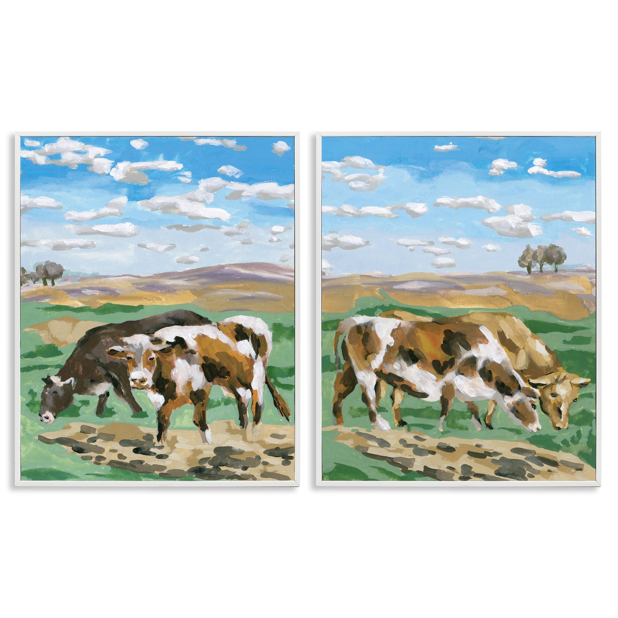 Stupell Industries Cows Grazing in Field Animals Painting White Framed Art Print Wall Art, 11 x 14, Set of 2