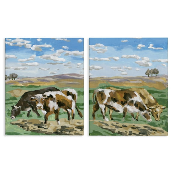 Stupell Industries Cows Grazing in Field Animals Painting Wrapped Canvas Art Print Wall Art, 16 x 20, Set of 2