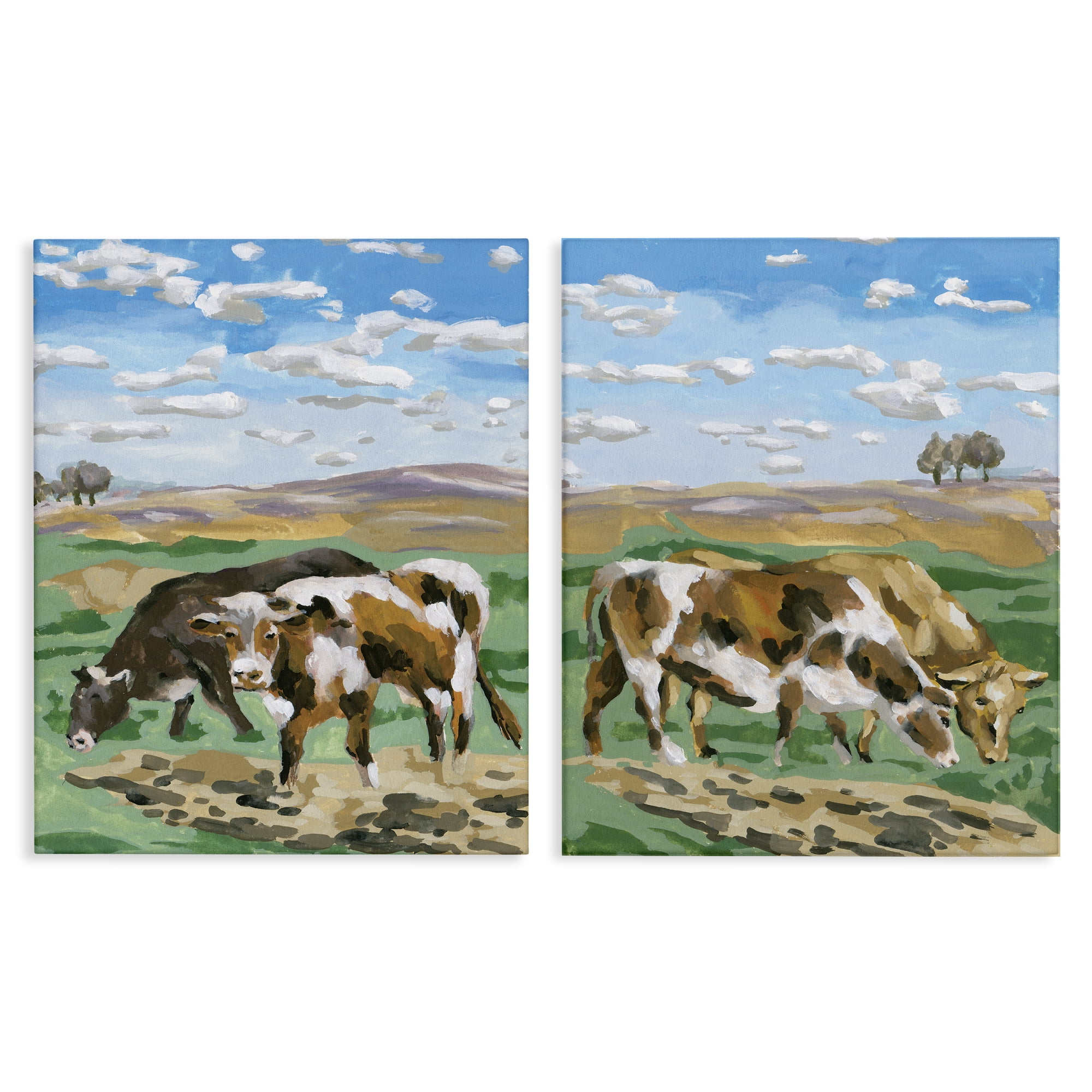 Stupell Industries Cows Grazing in Field Animals Painting Wrapped Canvas Art Print Wall Art, 24 x 30, Set of 2