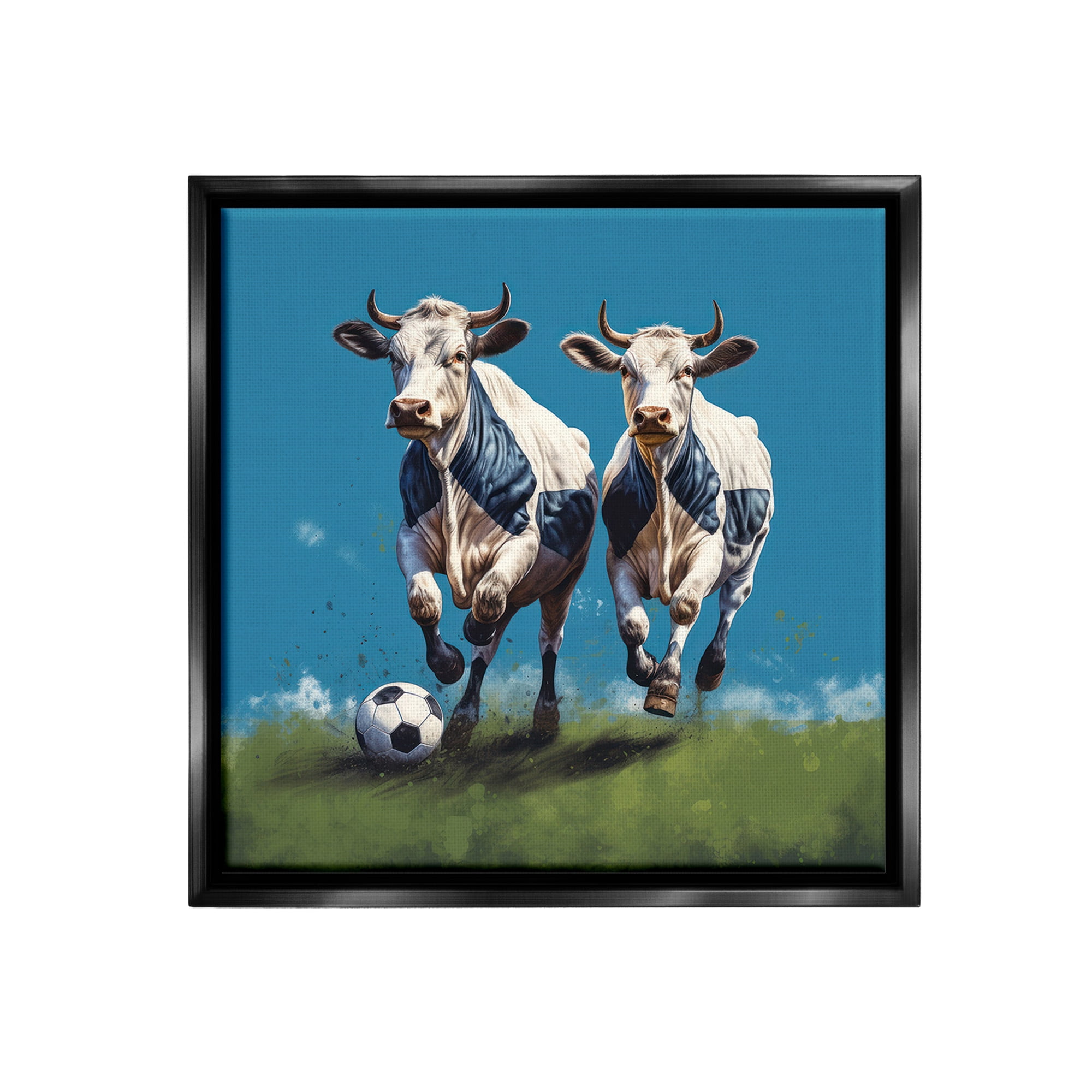 Stupell Industries Cows Playing Soccer Animals & Insects Painting Black Floater Framed Canvas Art Print Wall Art, 25 x 25