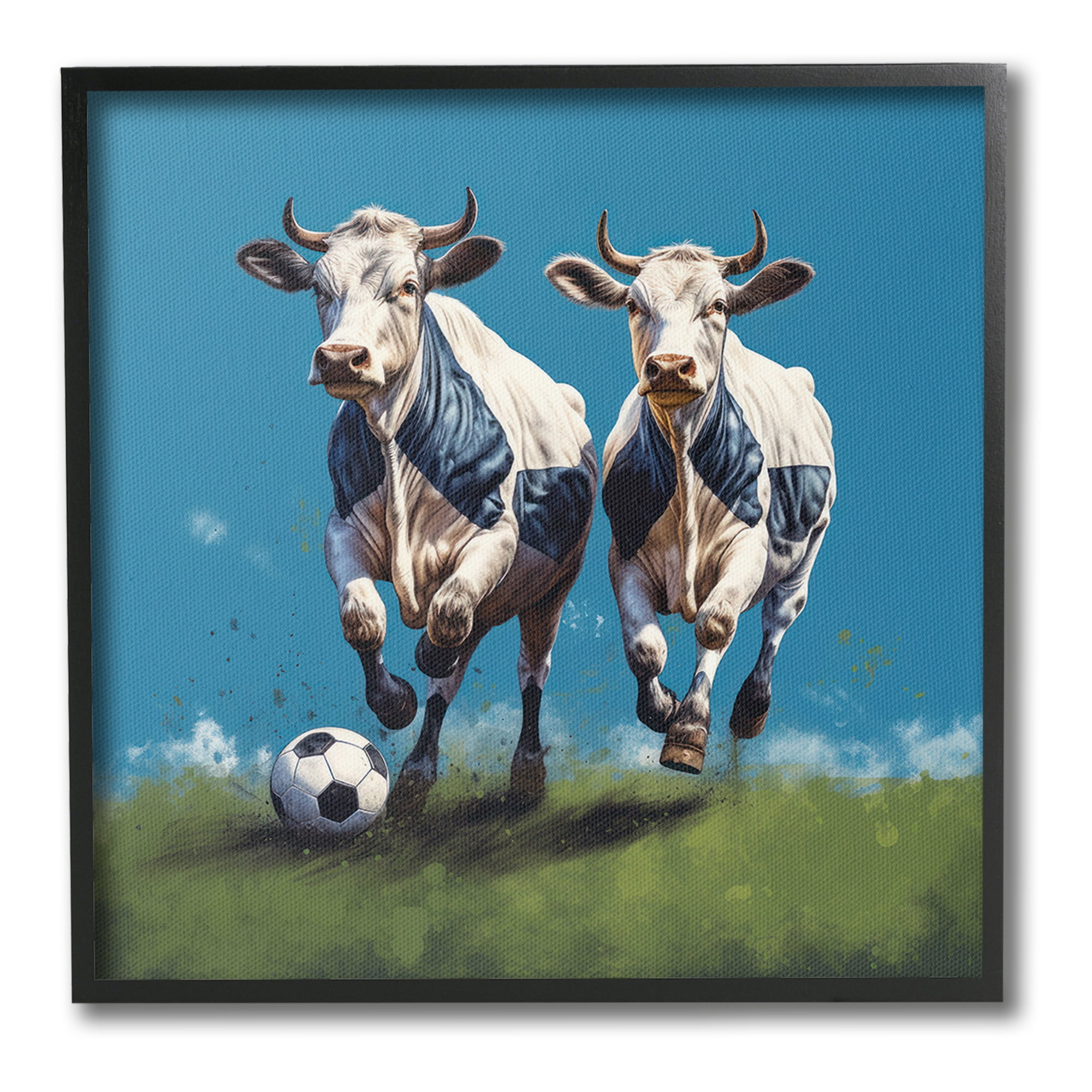 Stupell Industries Cows Playing Soccer Animals & Insects Painting Black Framed Art Print Wall Art, 17 x 17