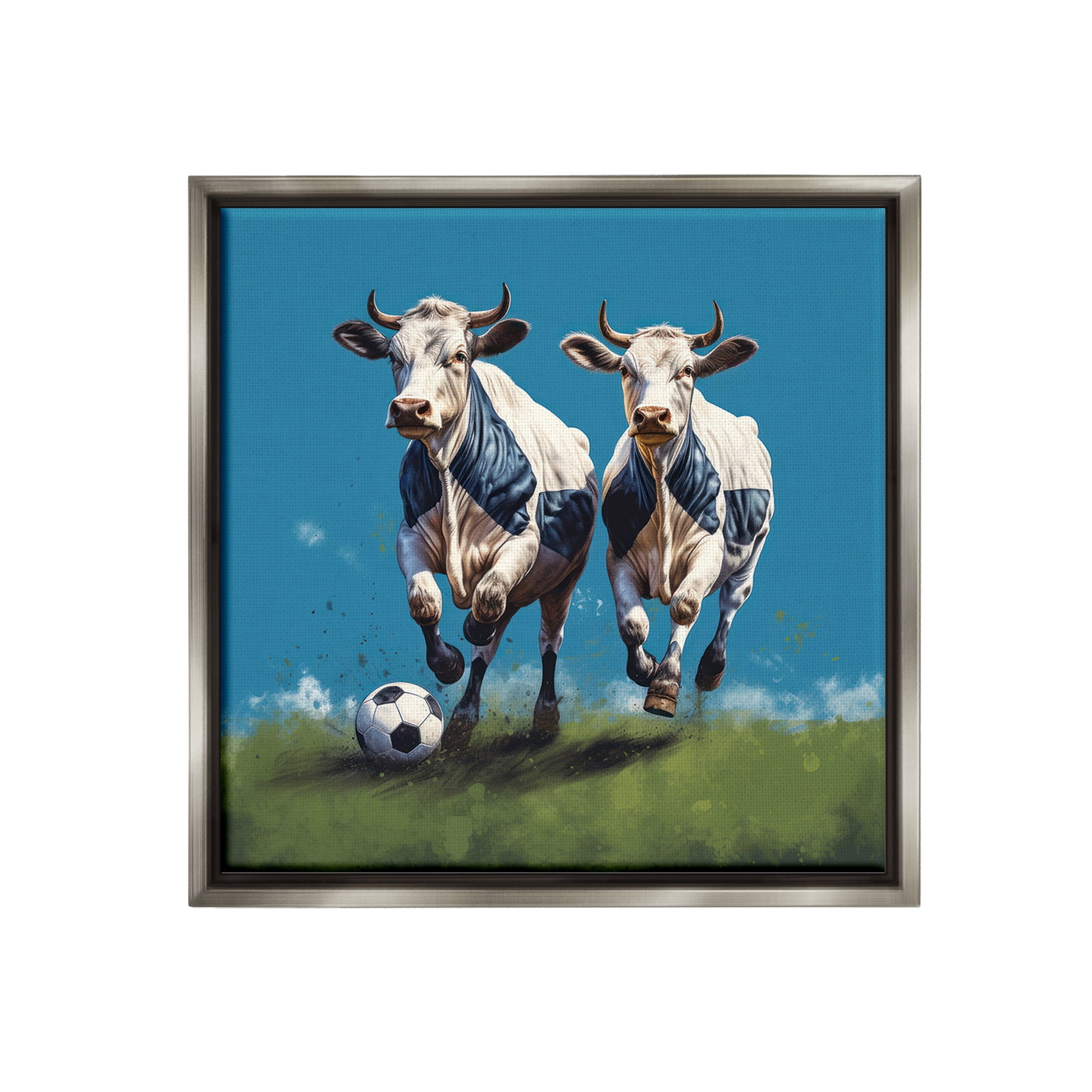 Stupell Industries Cows Playing Soccer Animals & Insects Painting Gray Floater Framed Canvas Art Print Wall Art, 18 x 18