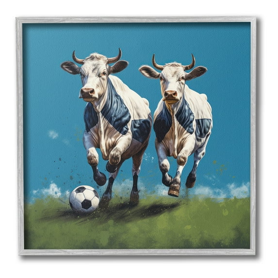 Stupell Industries Cows Playing Soccer Animals & Insects Painting Gray Framed Art Print Wall Art, 17 x 17