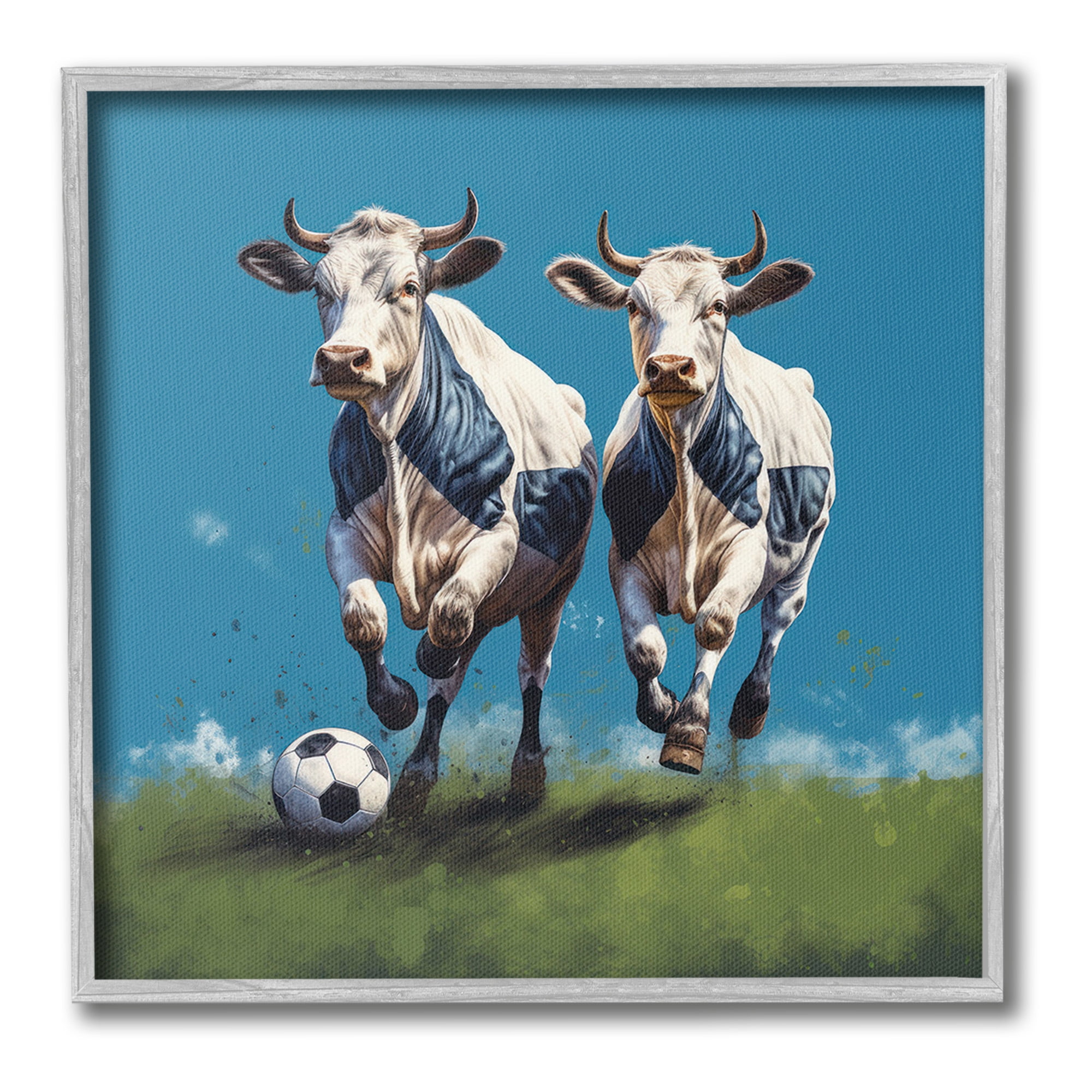 Stupell Industries Cows Playing Soccer Animals & Insects Painting Gray Framed Art Print Wall Art, 24 x 24