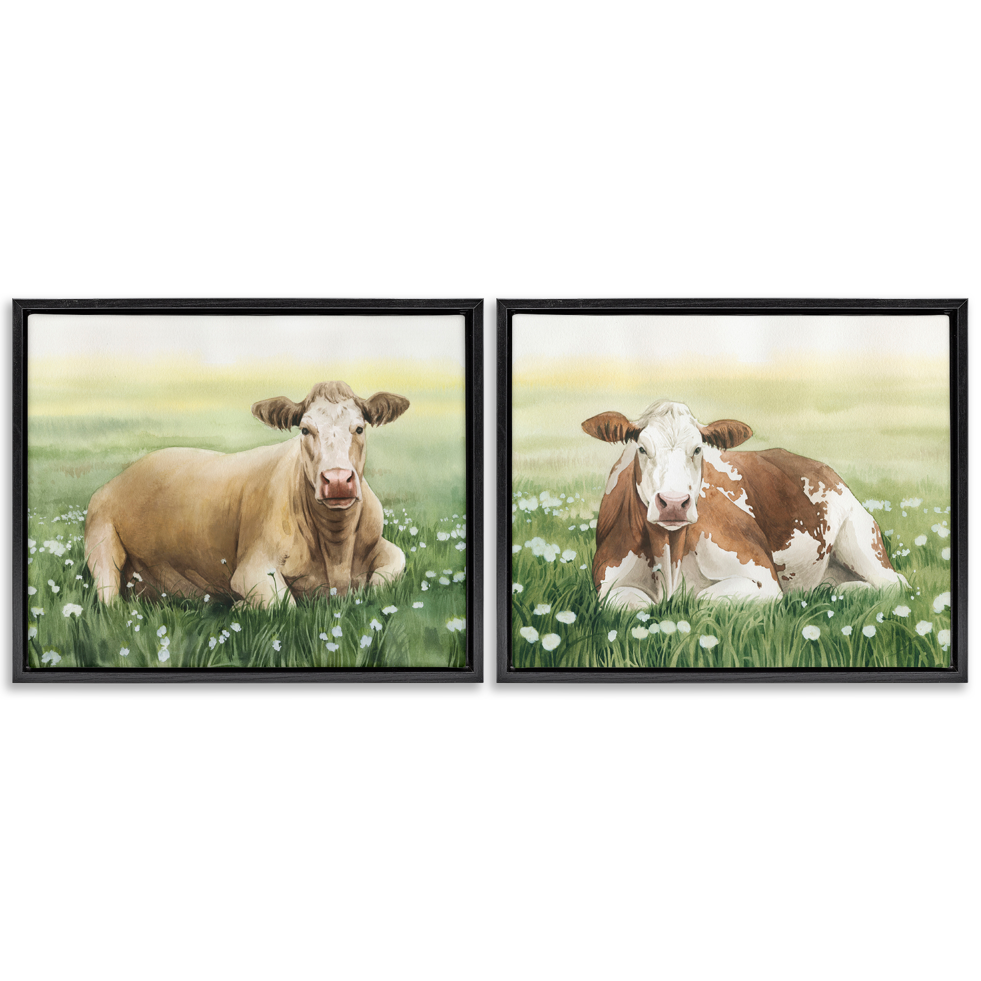 Stupell Industries Cows Resting in Flower Field Animals Painting Black Floater Framed Canvas Art Print Wall Art, 21 x 17, Set of 2