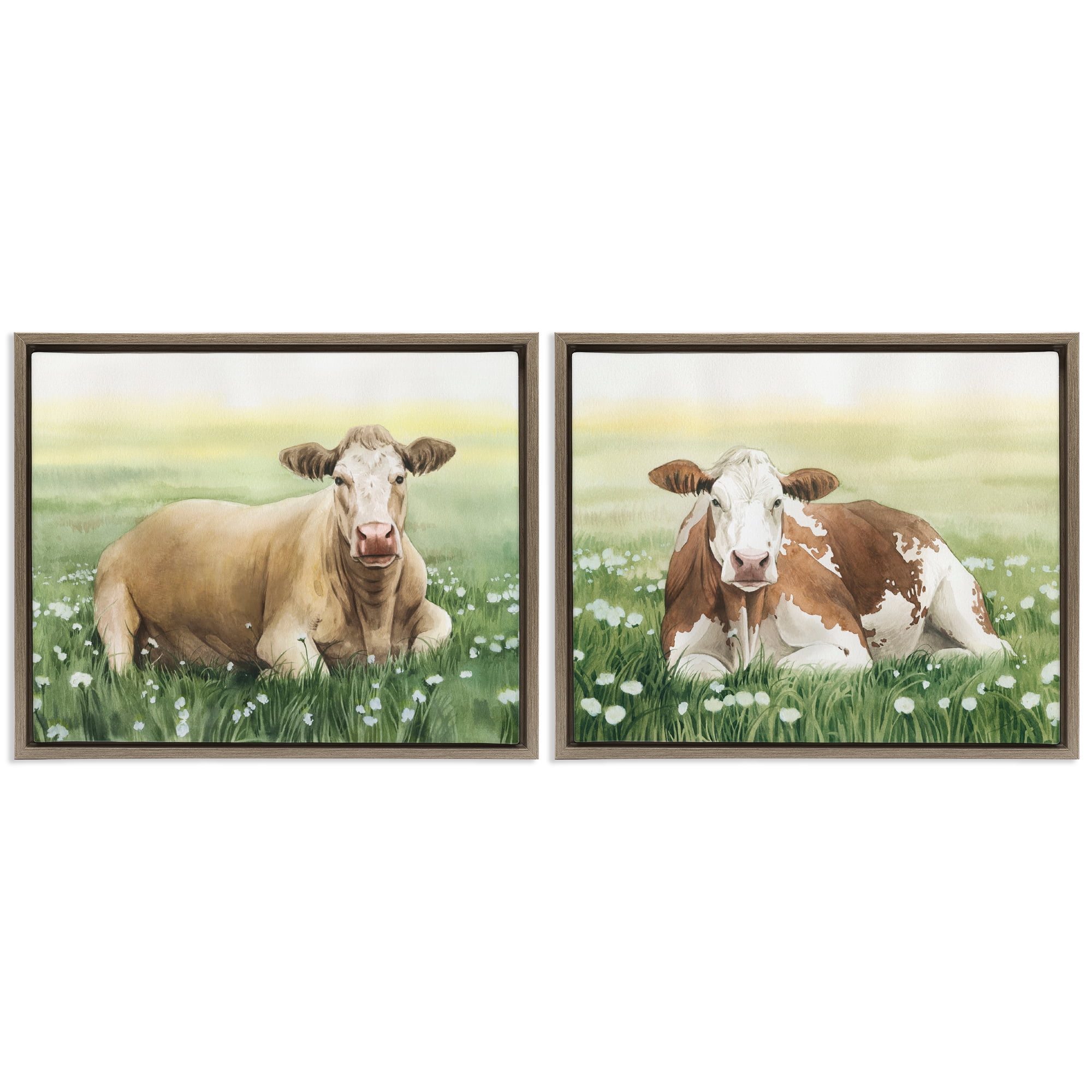 Stupell Industries Cows Resting in Flower Field Animals Painting Brown Floater Framed Canvas Art Print Wall Art, 21 x 17, Set of 2